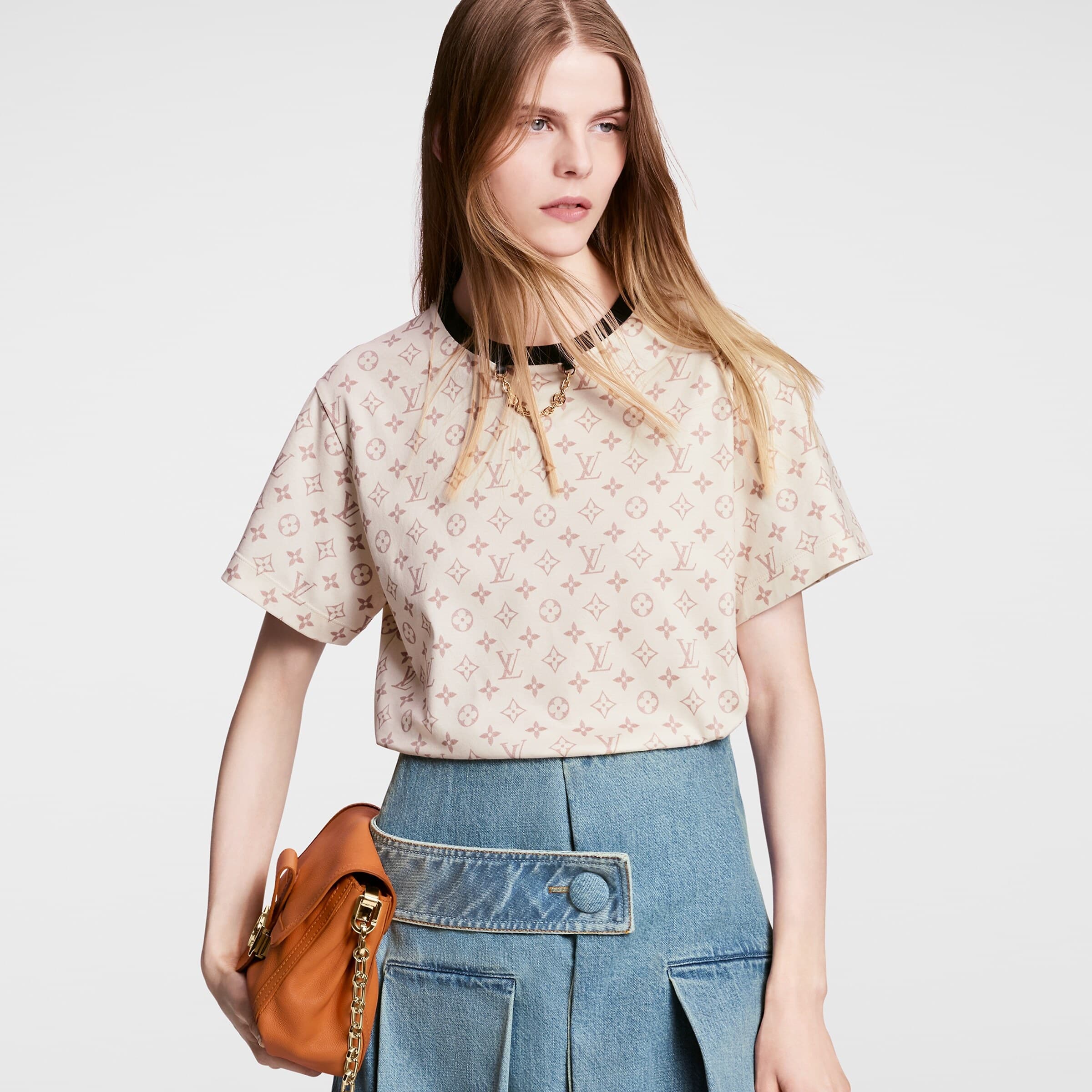 Váy ngắn nữ Jeans LV Louis Vuitton Denim Button Tab Pleat Skirt 1AFLXO 5
