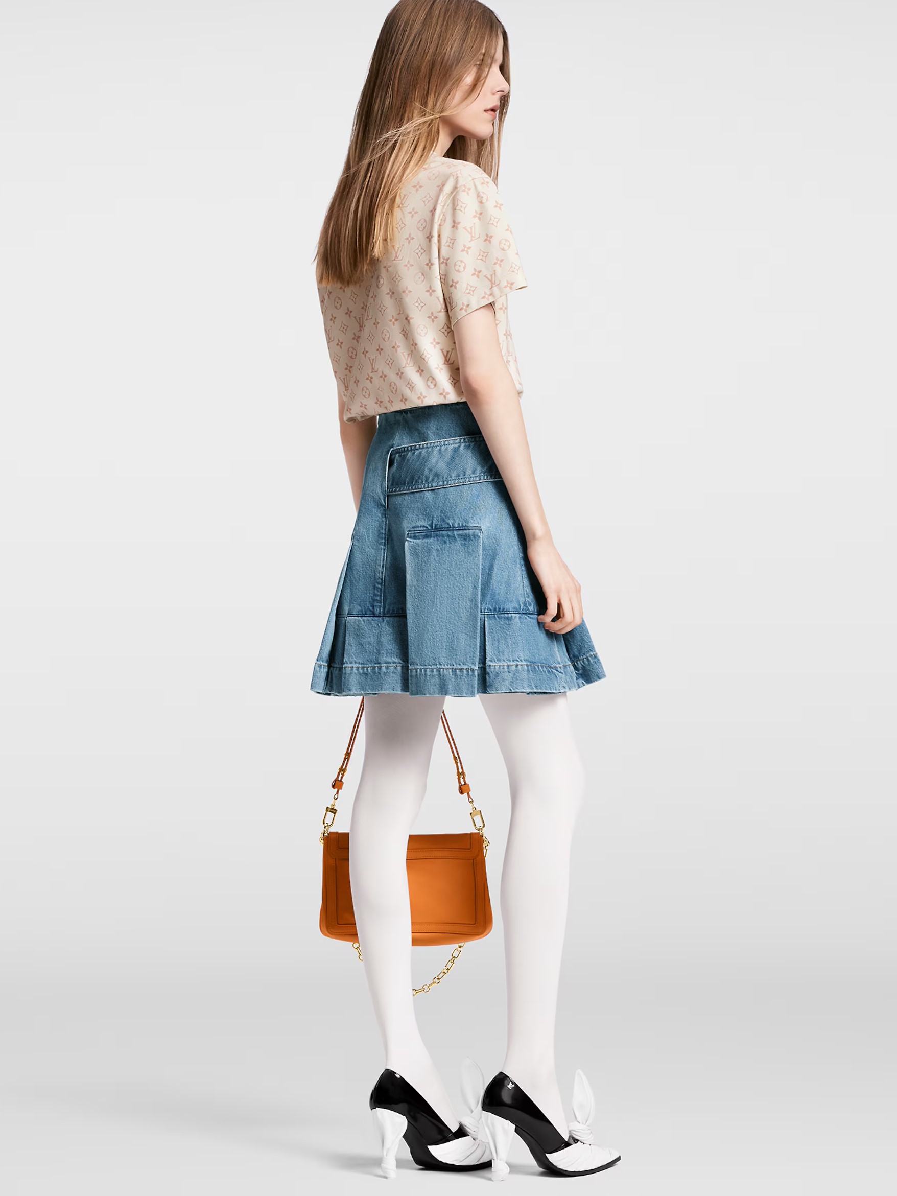 Váy ngắn nữ Jeans LV Louis Vuitton Denim Button Tab Pleat Skirt 1AFLXO 9