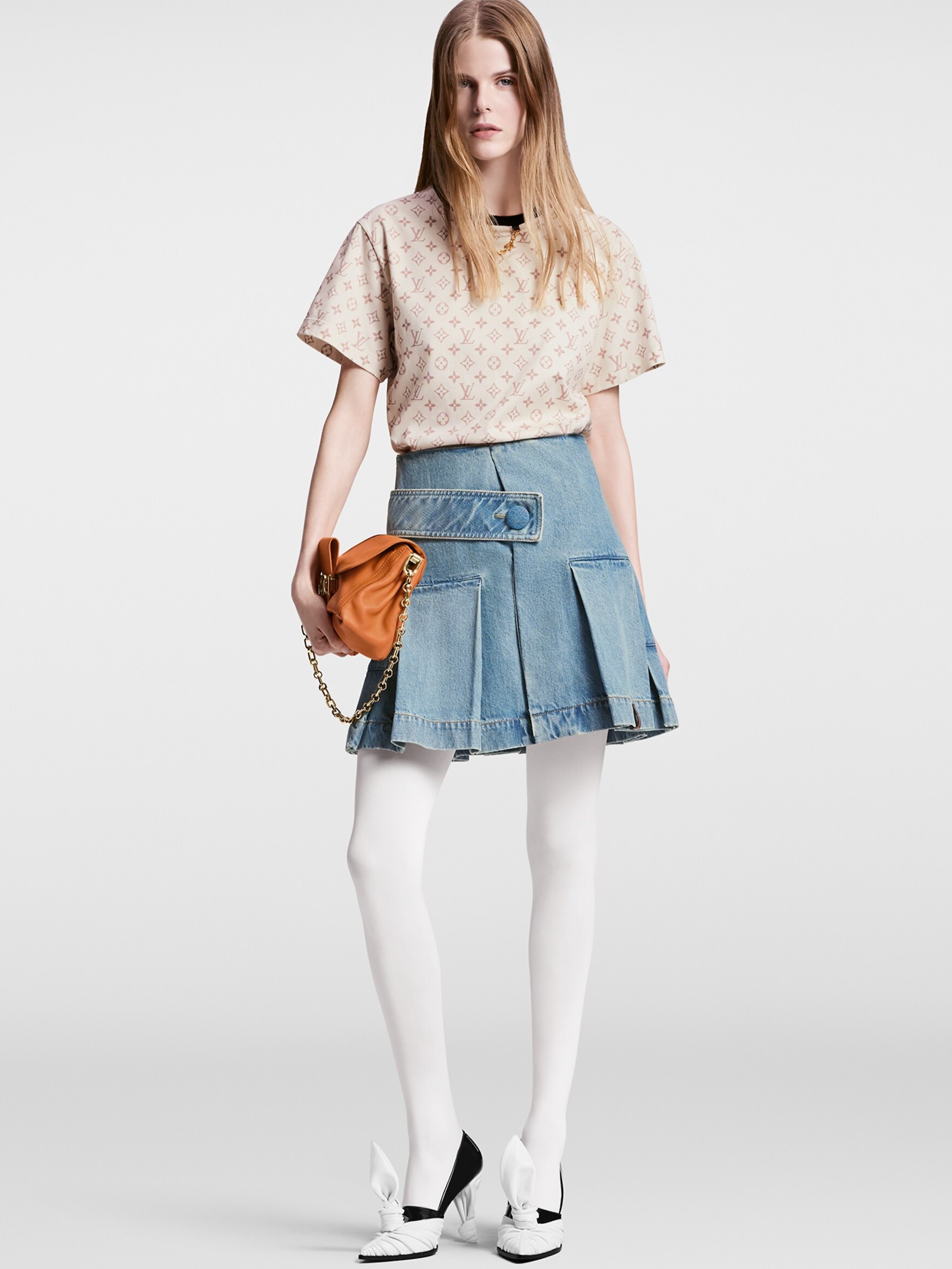 Váy ngắn nữ Jeans LV Louis Vuitton Denim Button Tab Pleat Skirt 1AFLXO 10