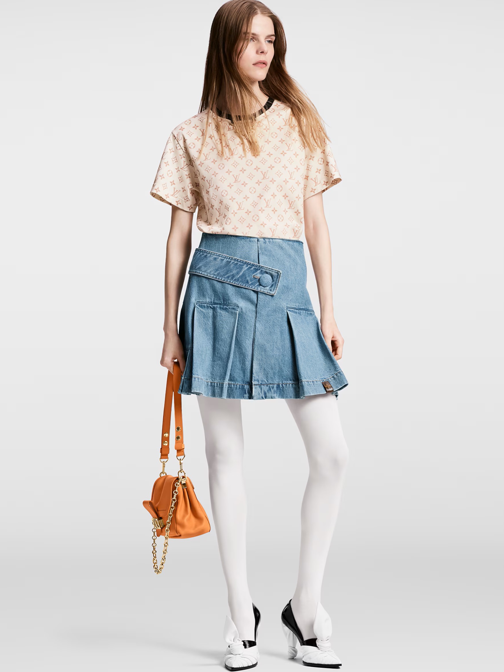 Váy ngắn nữ Jeans LV Louis Vuitton Denim Button Tab Pleat Skirt 1AFLXO 6