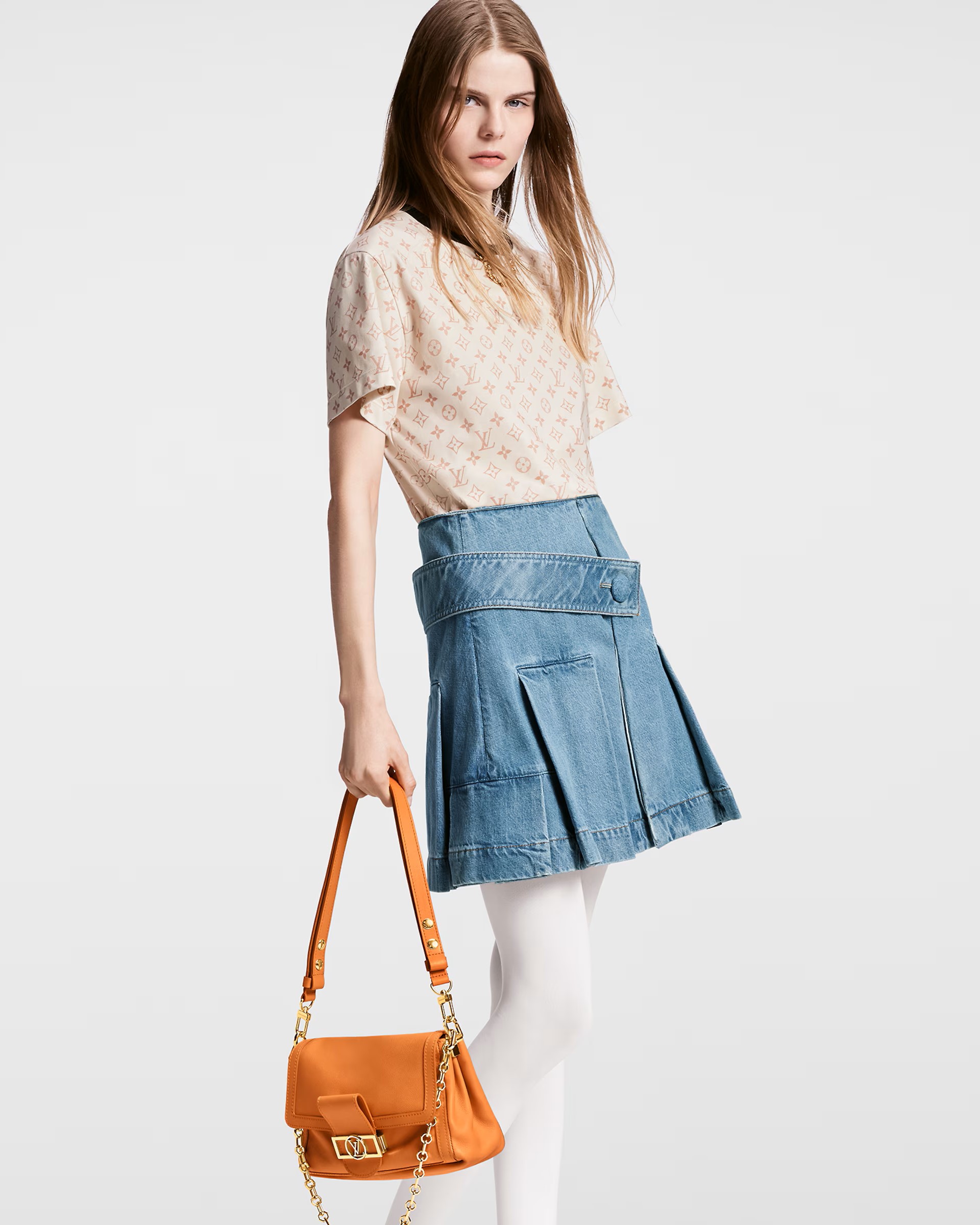 Váy ngắn nữ Jeans LV Louis Vuitton Denim Button Tab Pleat Skirt 1AFLXO 12