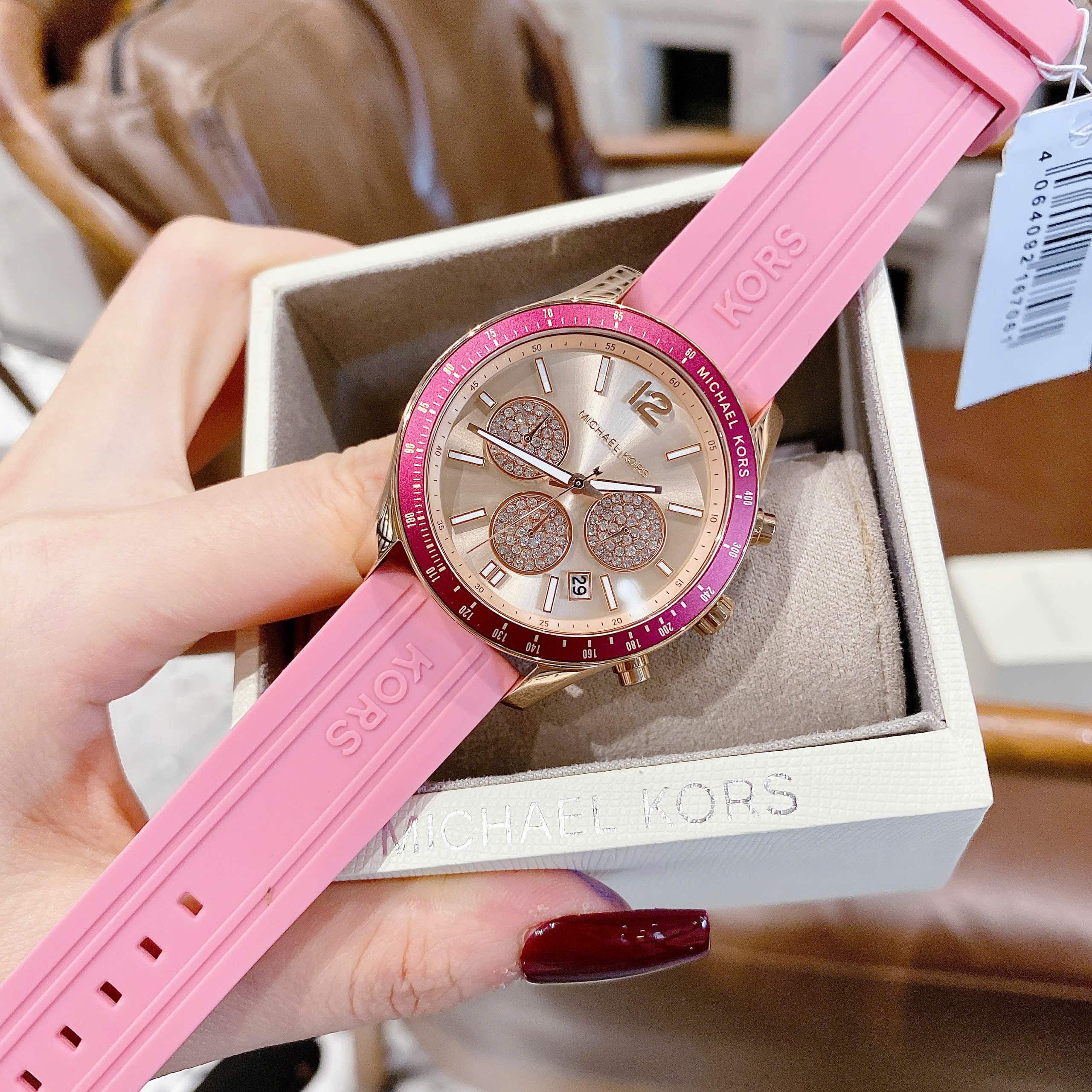 Đồng hồ đeo tay nữ Michael Kors Pink Silicone Strap Rose Gold Dial Watch MKO1039 2