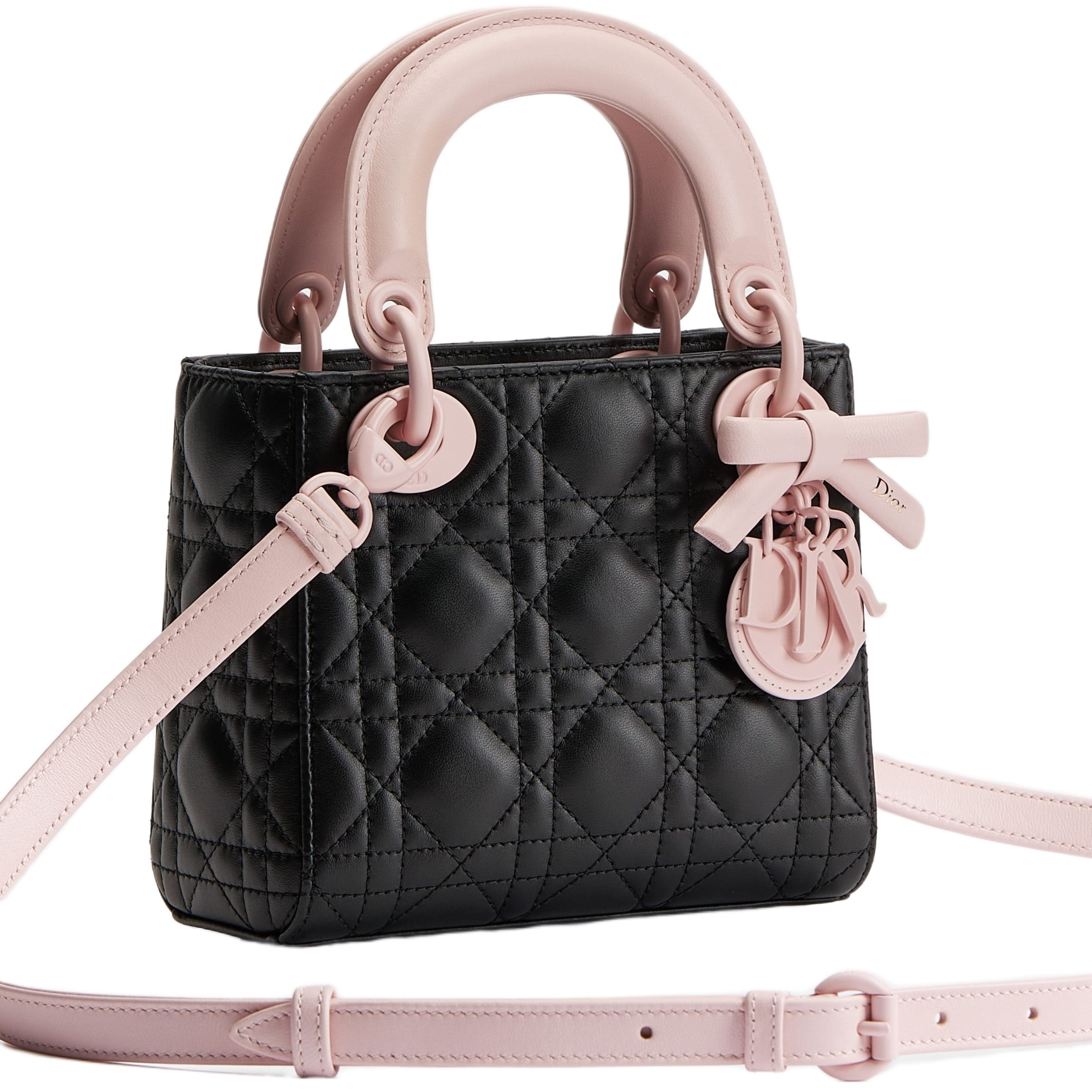 Túi xách Mini Lady Dior Bag with Strap Black and Rose Soupir Cannage Lambskin 3