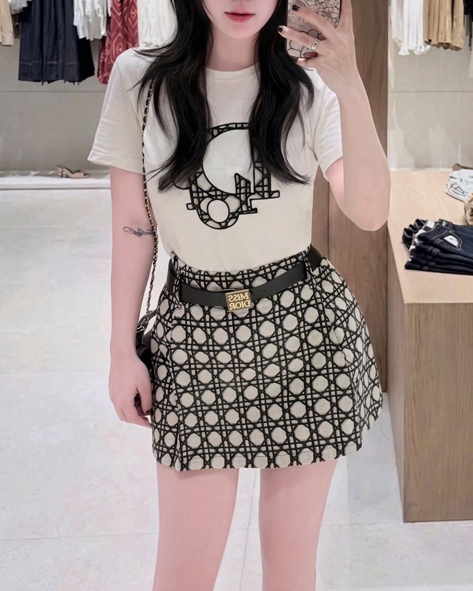 Combo áo thun váy sọc kèm thắt lưng Dior 1
