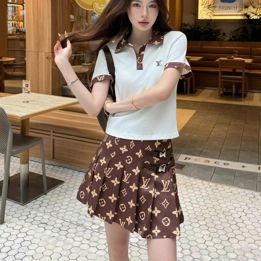 Combo áo thun có cổ váy xòe nâu LV 1