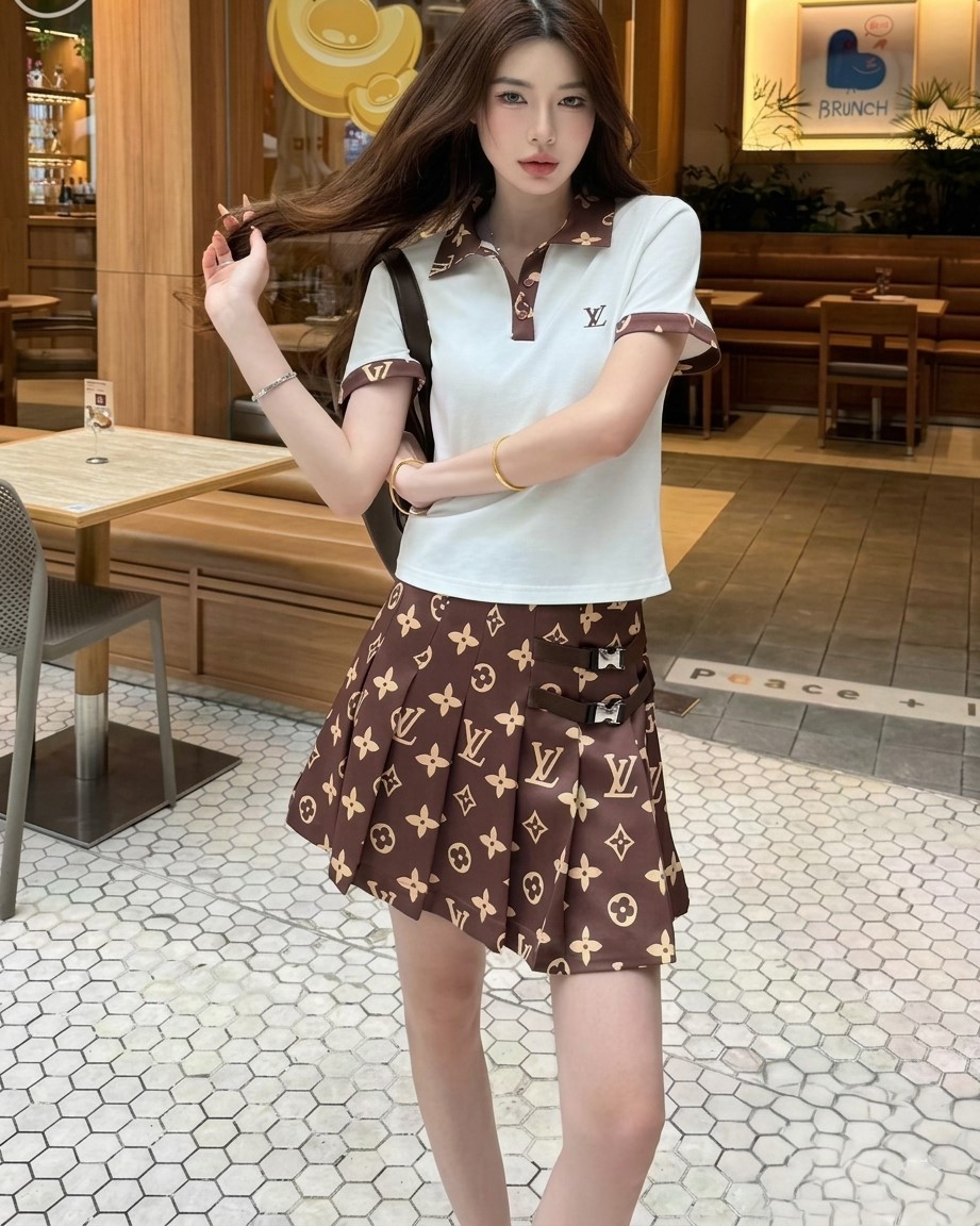Combo áo thun có cổ váy xòe nâu LV 3