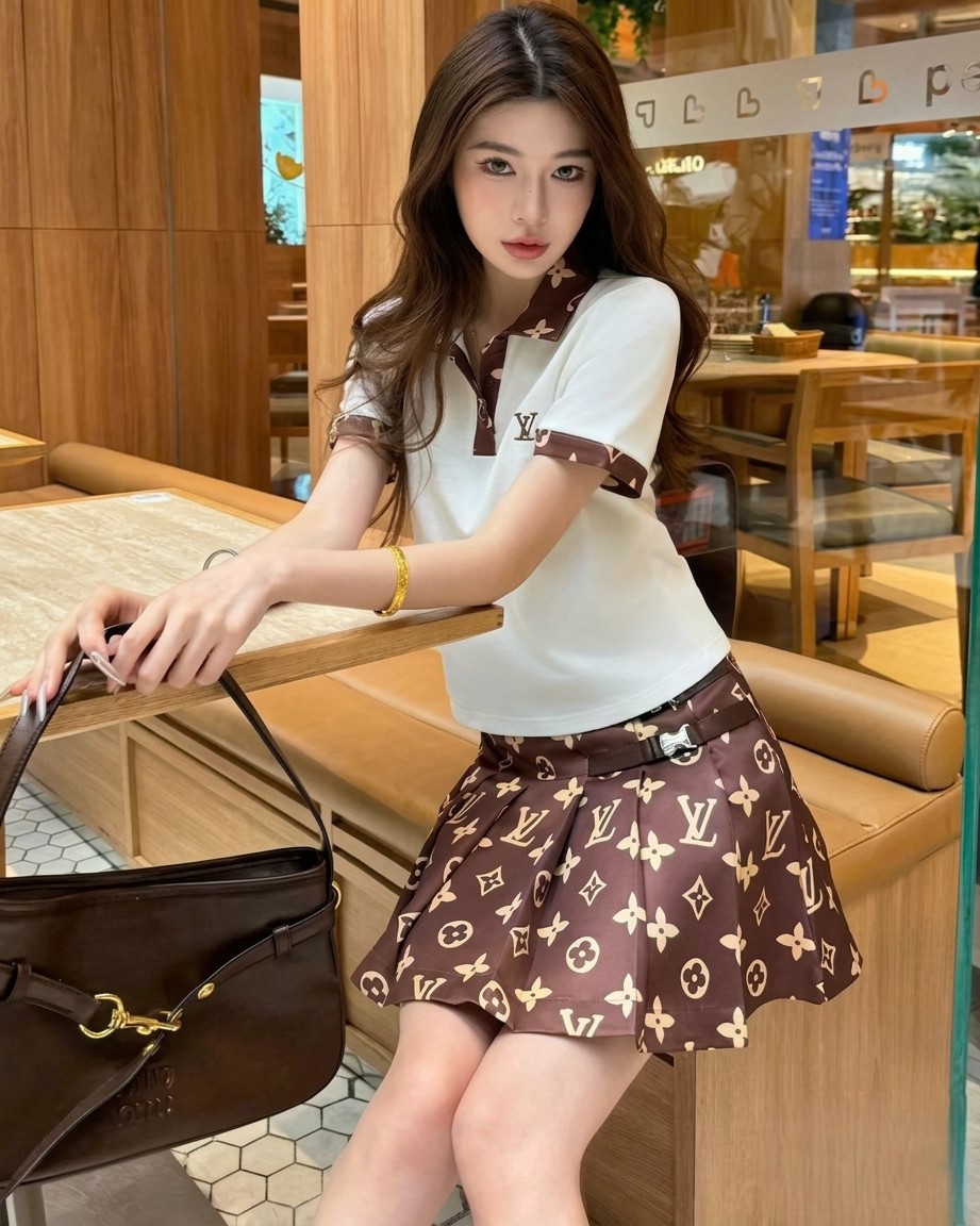 Combo áo thun có cổ váy xòe nâu LV 8