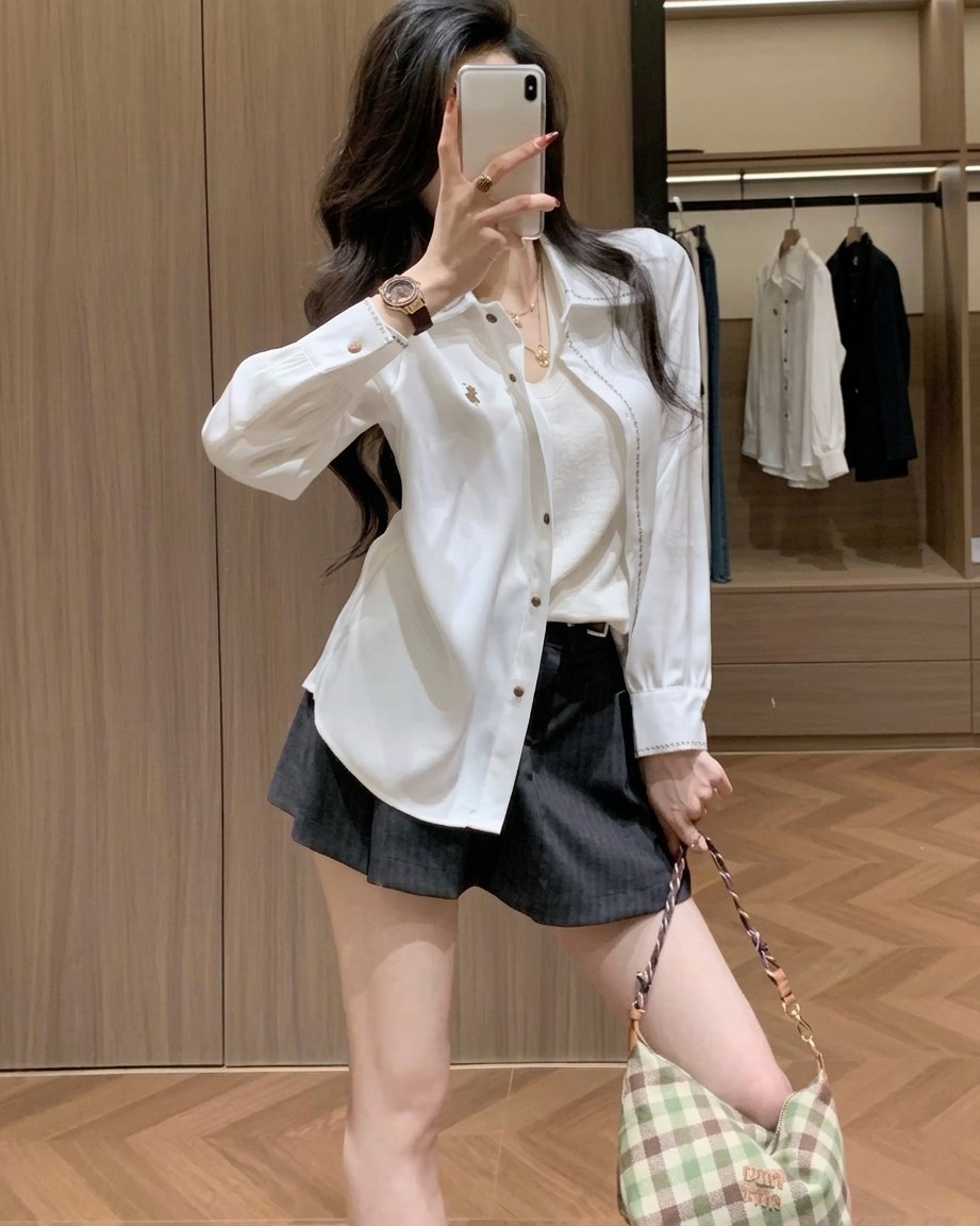 Áo sơ mi lụa nữ tay dài màu trắng kem Polo 7
