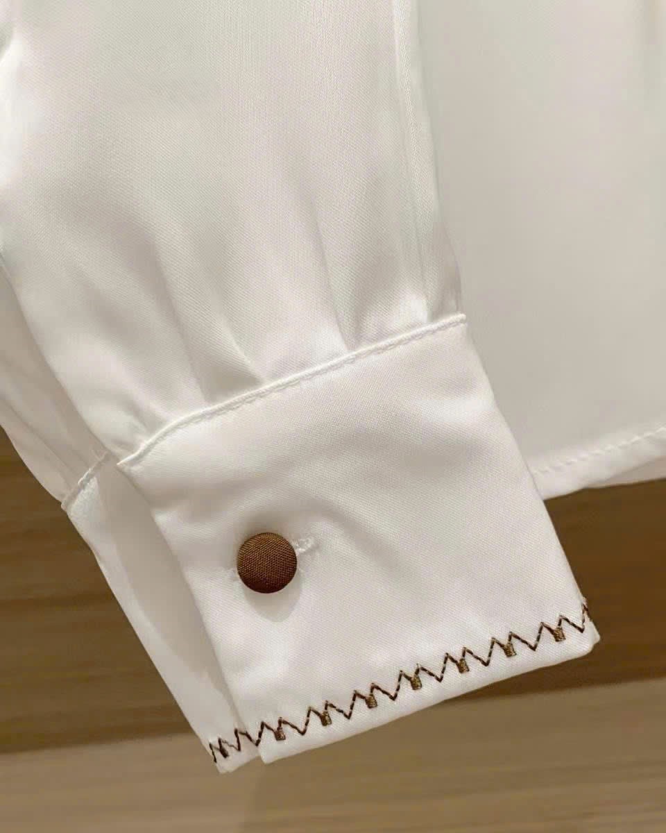 Áo sơ mi lụa nữ tay dài màu trắng kem Polo 11