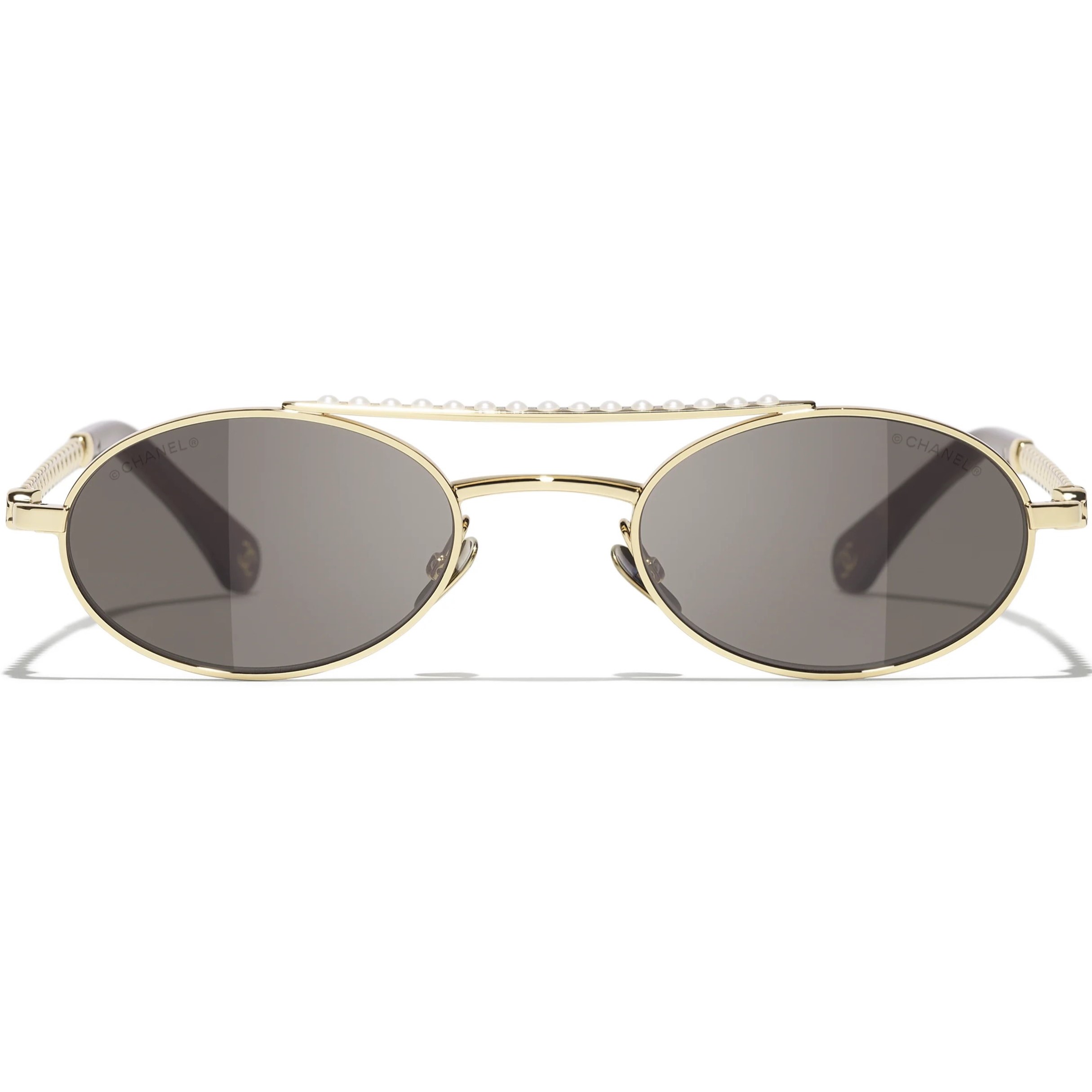 Kính mát Chanel Oval Sunglasses Metal Imitation Pearls Gold Frame Brown Lenses 4297H 7