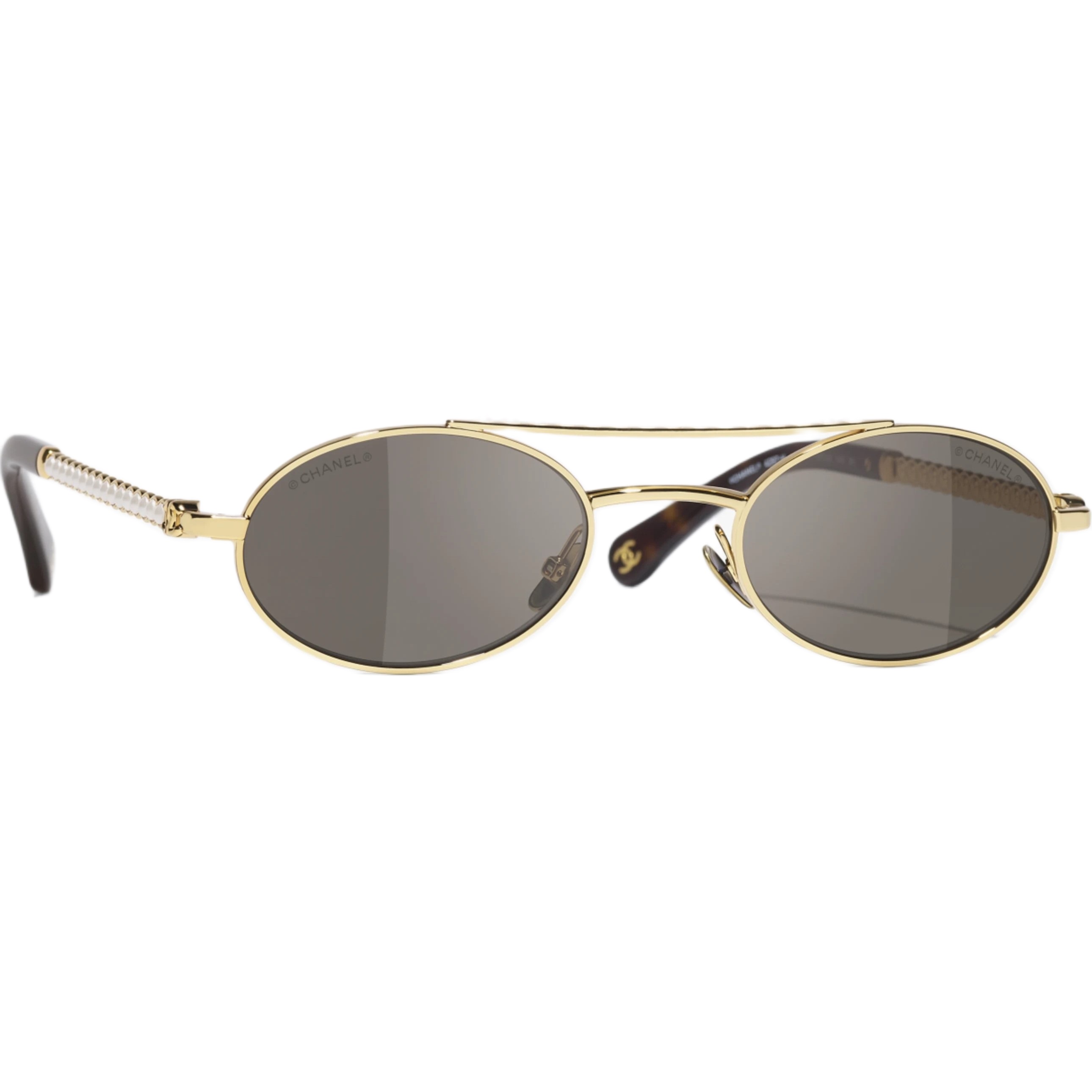 Kính mát Chanel Oval Sunglasses Metal Imitation Pearls Gold Frame Brown Lenses 4297H 8