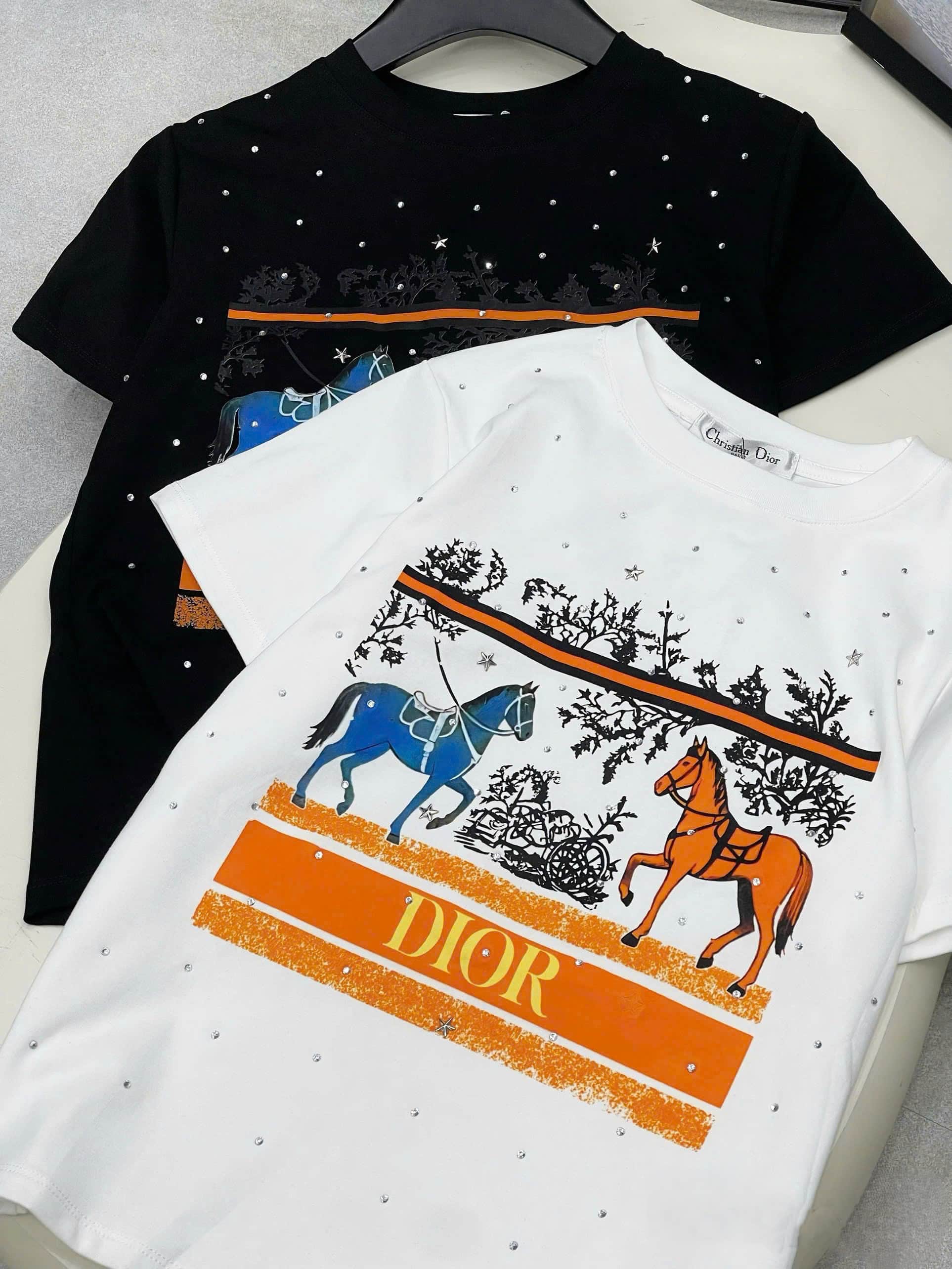 Áo thun Dior trắng đen họa tiết ngựa đính đá 3