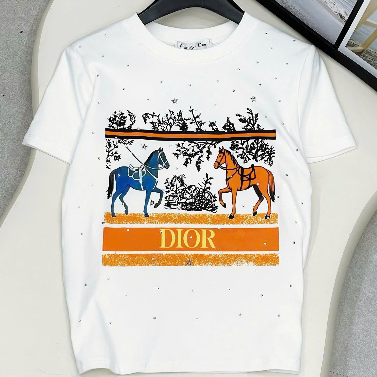 Áo thun Dior trắng đen họa tiết ngựa đính đá 4