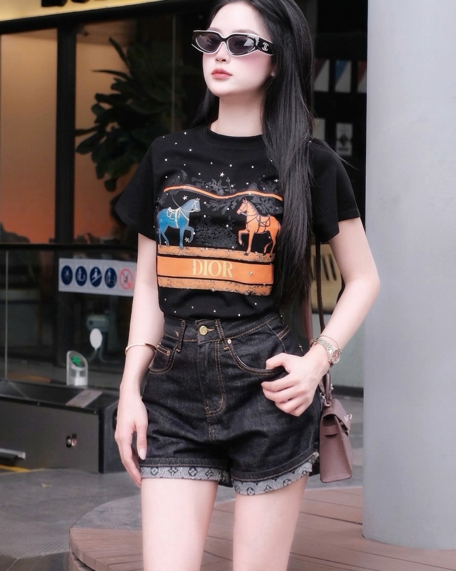 Áo thun Dior trắng đen họa tiết ngựa đính đá 10