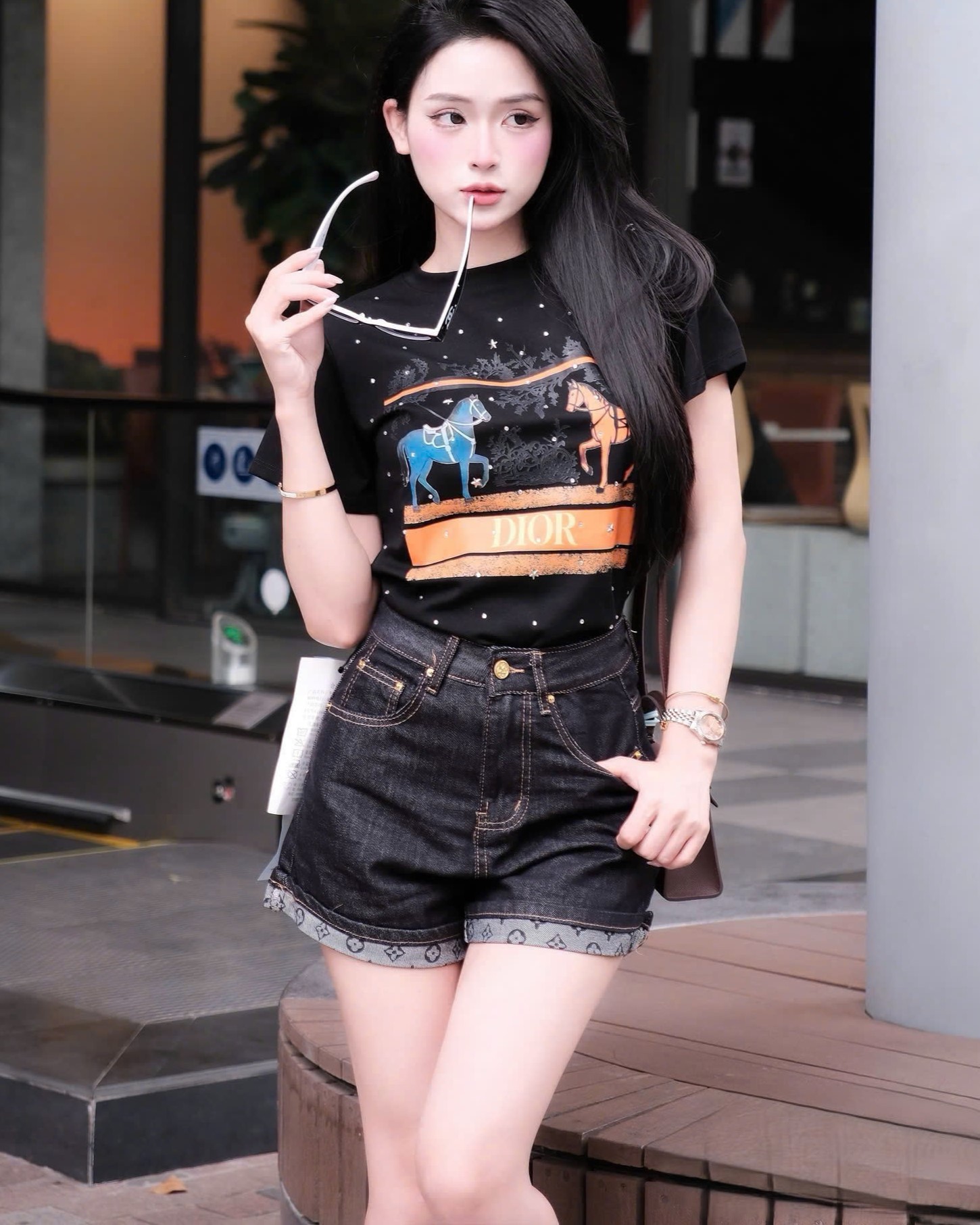 Áo thun Dior trắng đen họa tiết ngựa đính đá 9