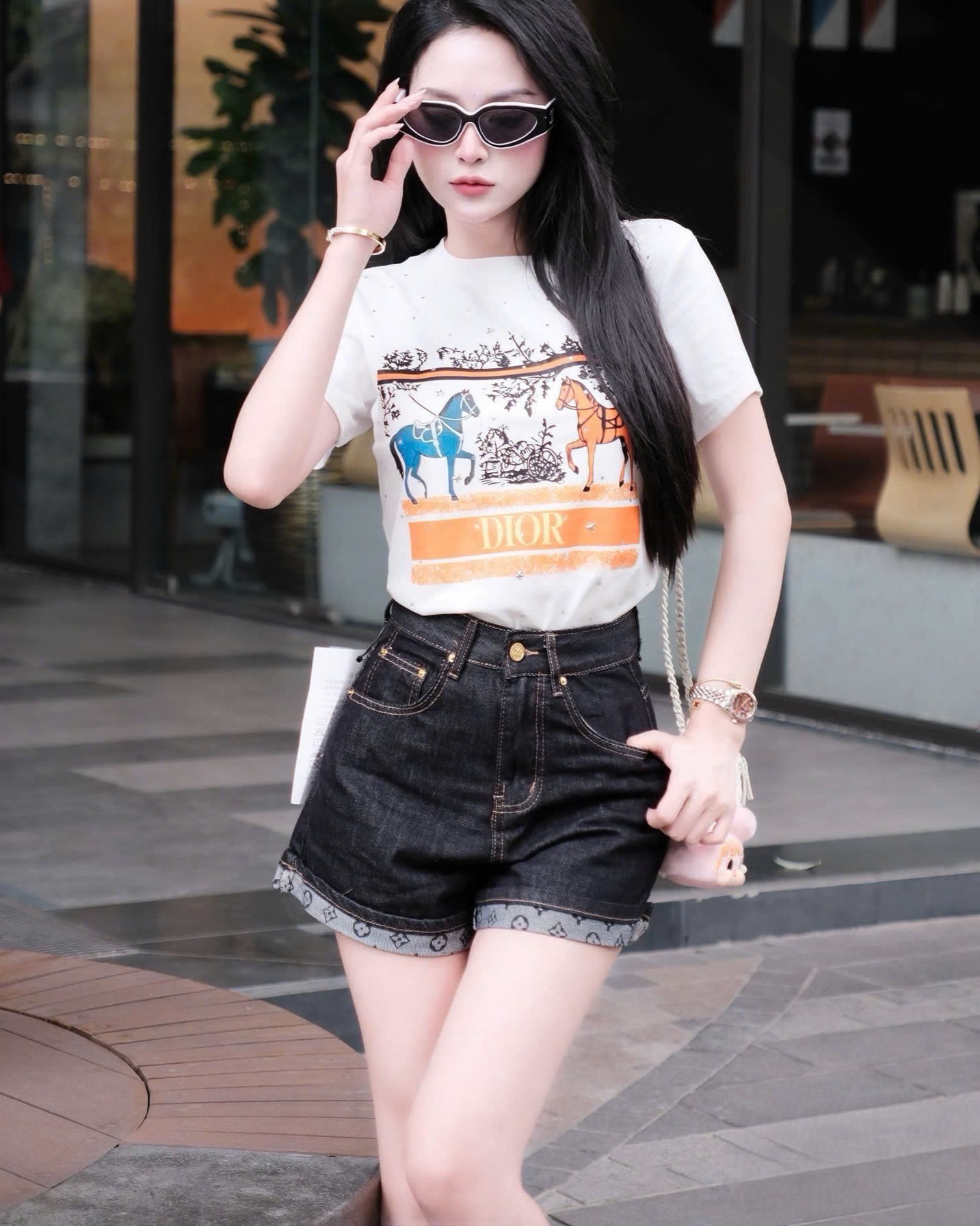 Áo thun Dior trắng đen họa tiết ngựa đính đá 12