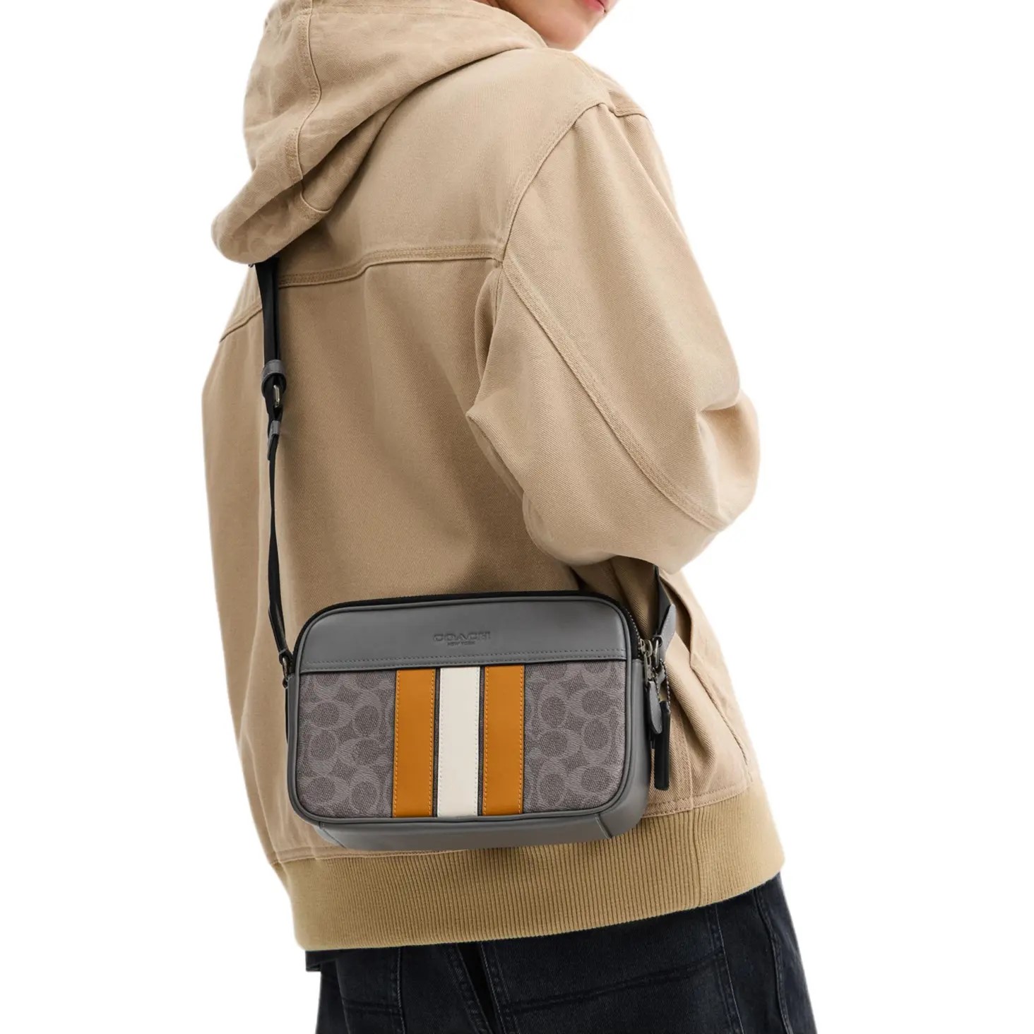 Túi đeo chéo xám Coach Nam Graham Crossbody Bag In Signature Canvas With Varsity Stripe Grey CCG30 5