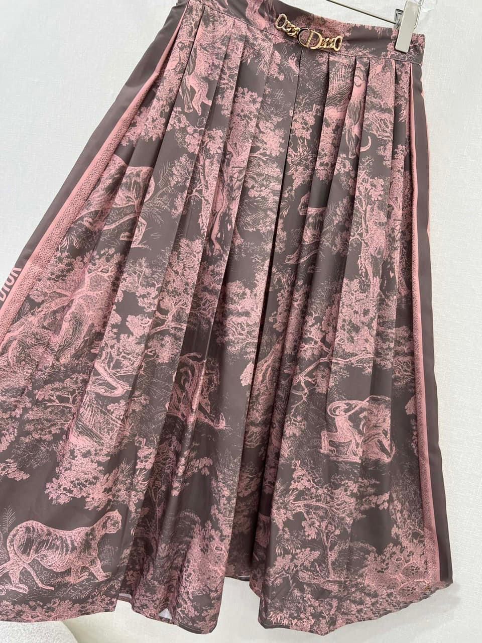 VÁY NỮ DÀI DIORIVIERA FLARED SKIRT GRAY AND PINK COTTON MUSLIN WITH TOILE DE JOUY REVERSE MOTIF 4