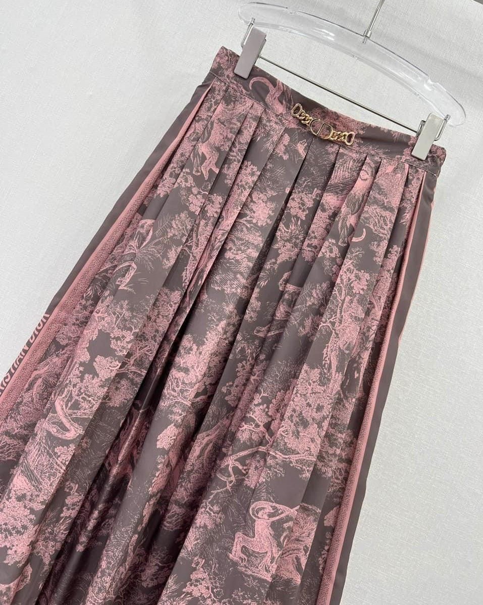 VÁY NỮ DÀI DIORIVIERA FLARED SKIRT GRAY AND PINK COTTON MUSLIN WITH TOILE DE JOUY REVERSE MOTIF 6