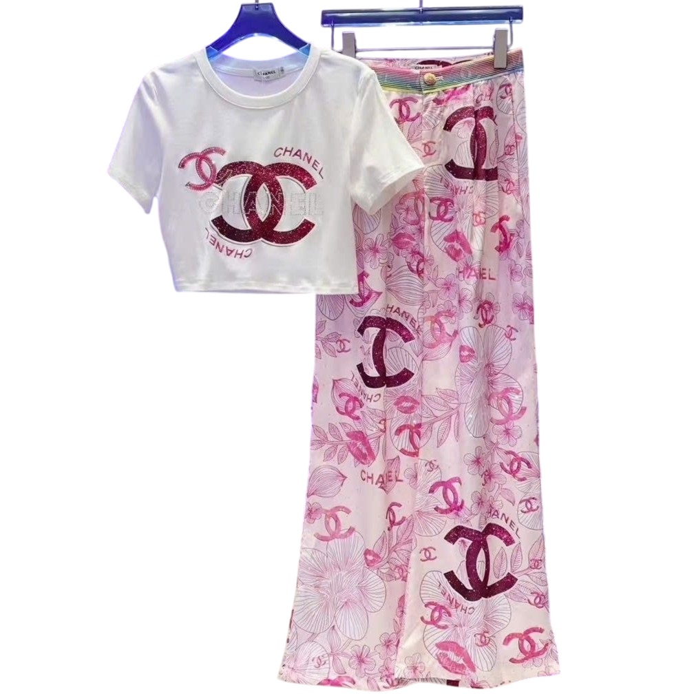Set bộ thời trang quần suông hồng áo coptop chanel trắng 4