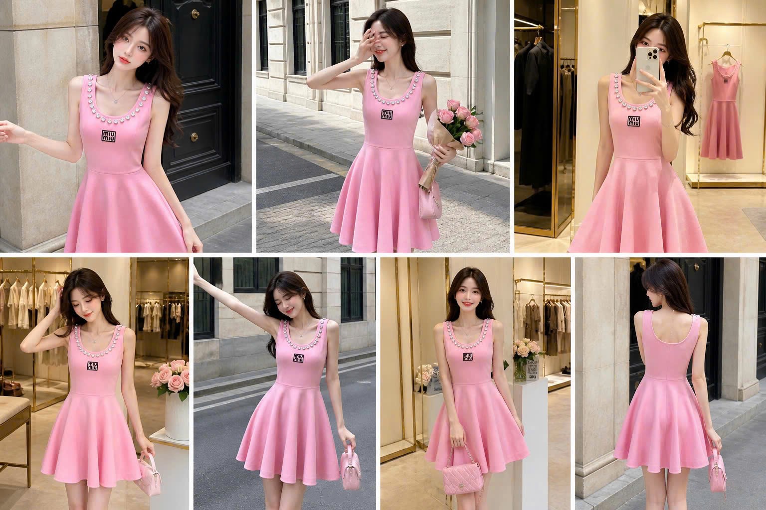 Áo đầm sát nách dáng xòe nhiếu màu đính đá Miu Miu 7