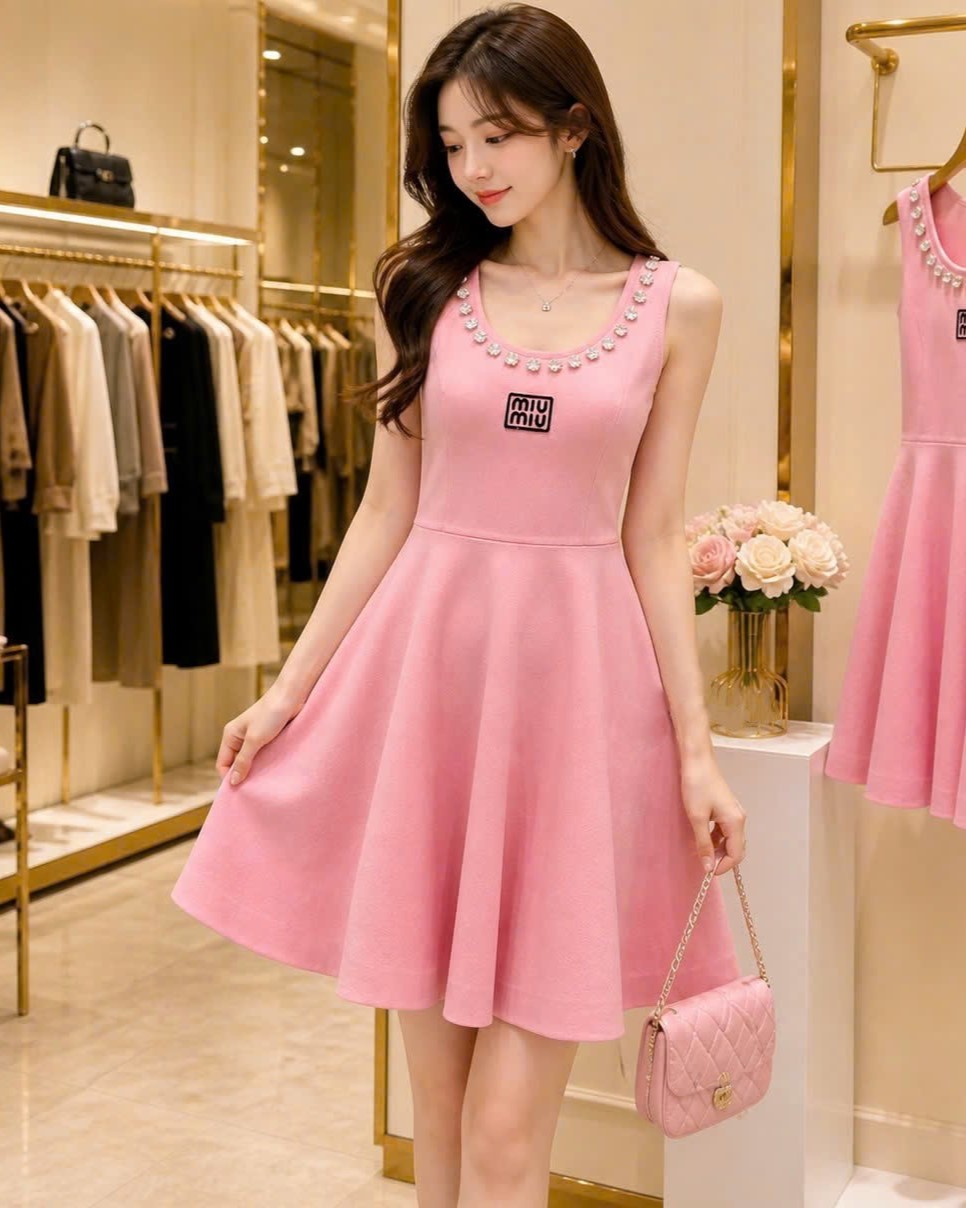 Áo đầm sát nách dáng xòe nhiếu màu đính đá Miu Miu 12