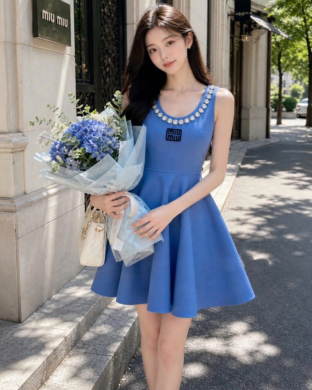 Áo đầm sát nách dáng xòe nhiếu màu đính đá Miu Miu 13