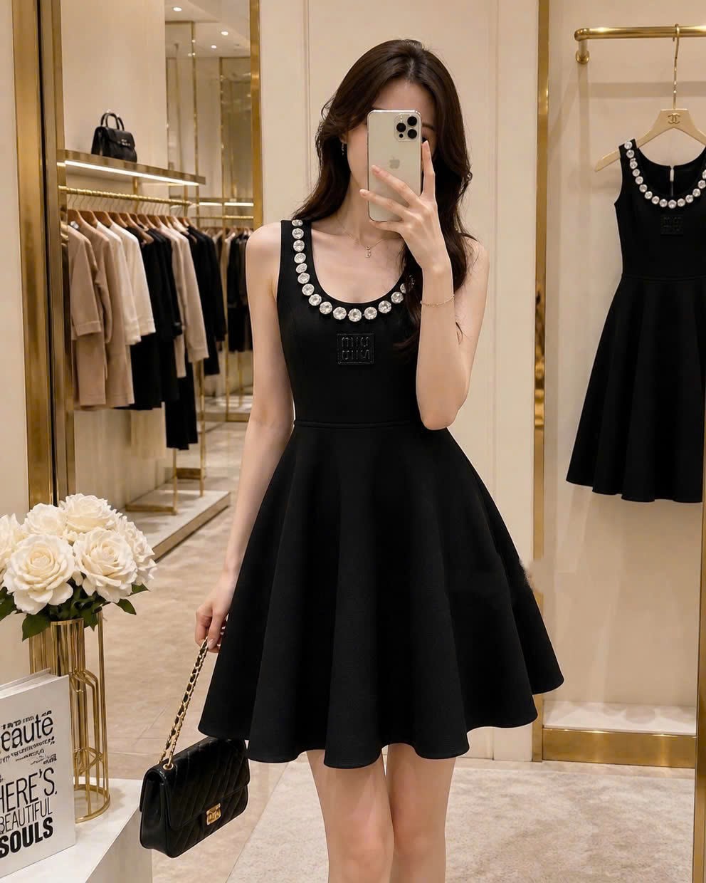 Áo đầm sát nách dáng xòe nhiếu màu đính đá Miu Miu 19