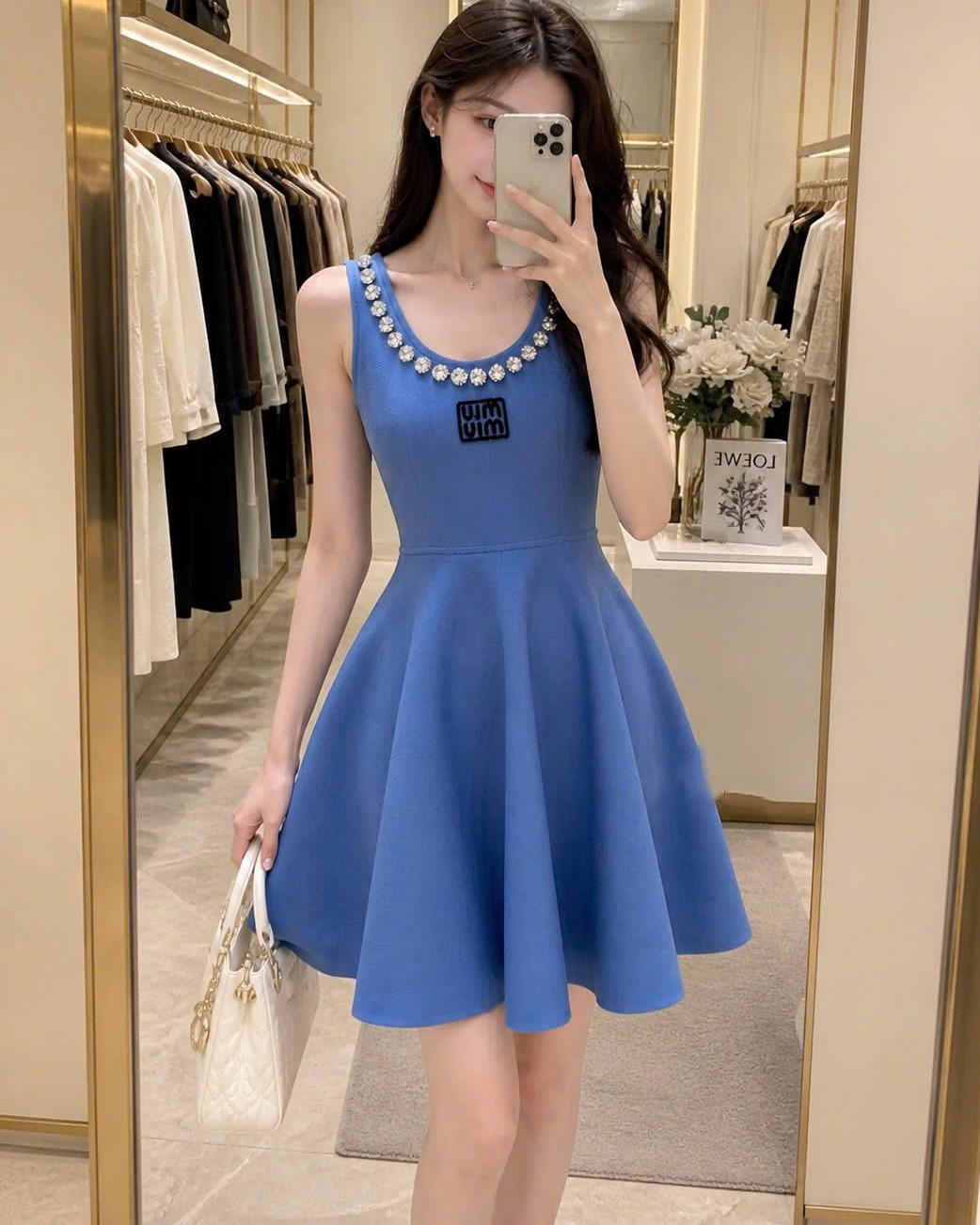 Áo đầm sát nách dáng xòe nhiếu màu đính đá Miu Miu 22