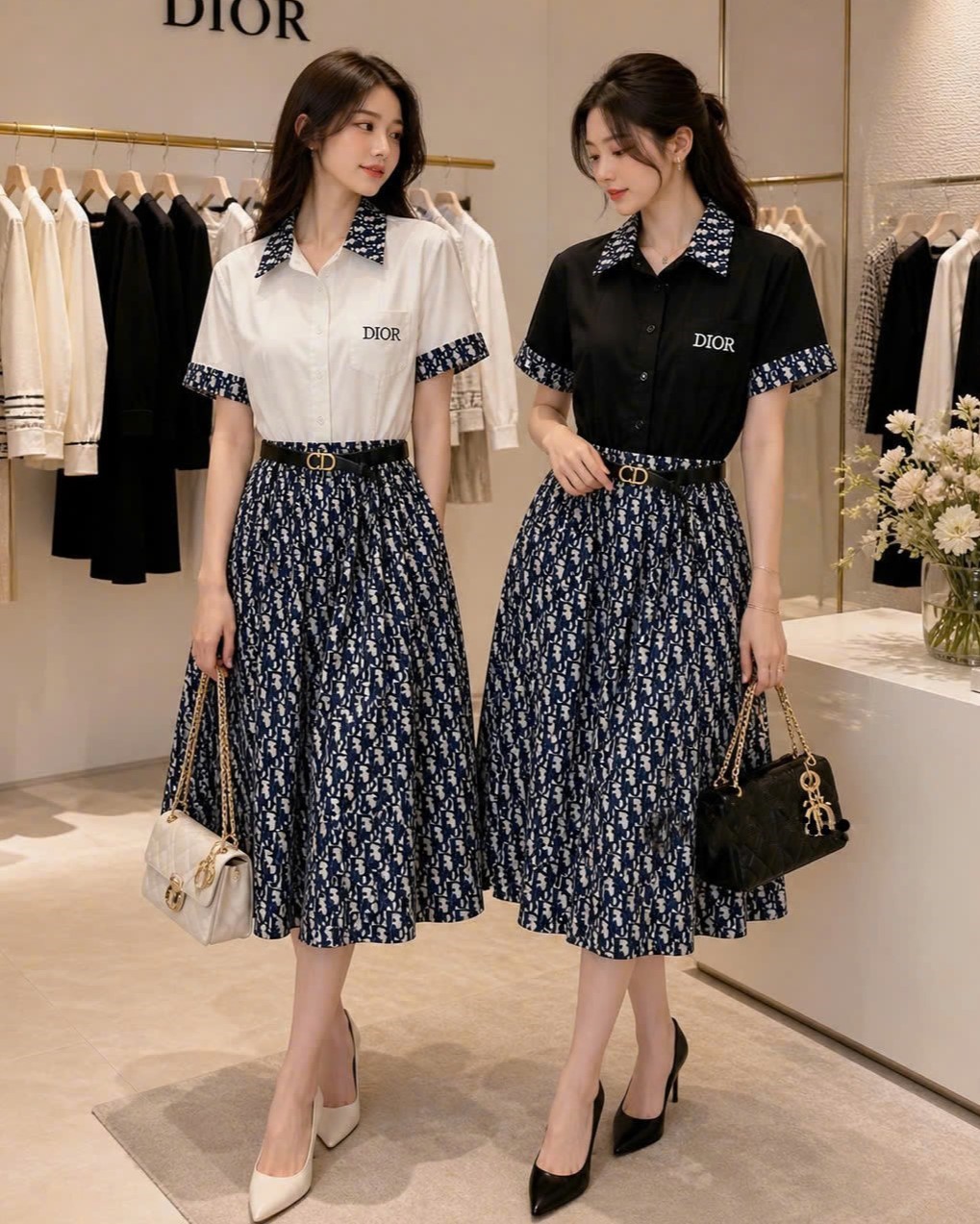 Áo đầm nữ dáng dài xòe trắng đen phối họa tiết hãng Dior 1