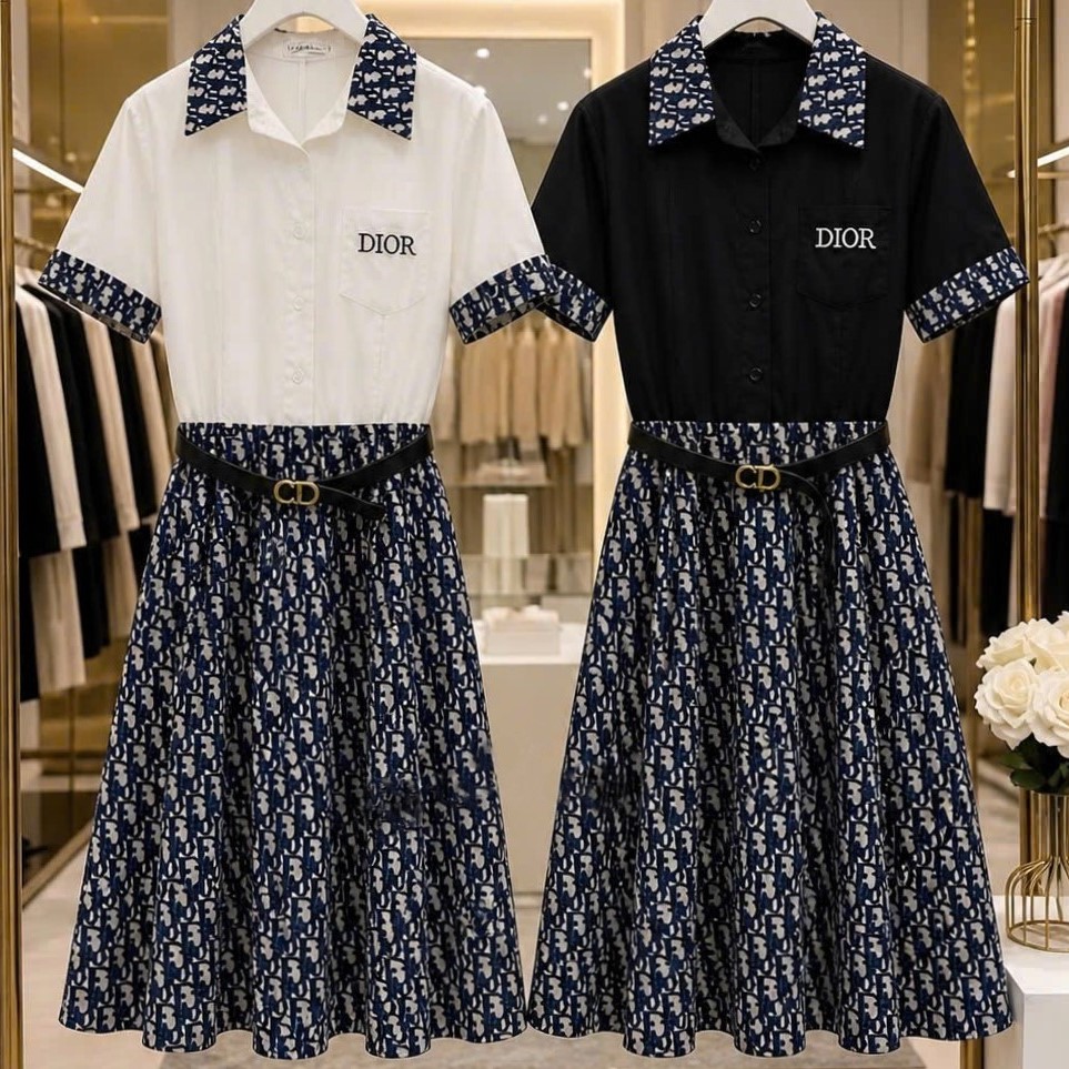 Áo đầm nữ dáng dài xòe trắng đen phối họa tiết hãng Dior 2
