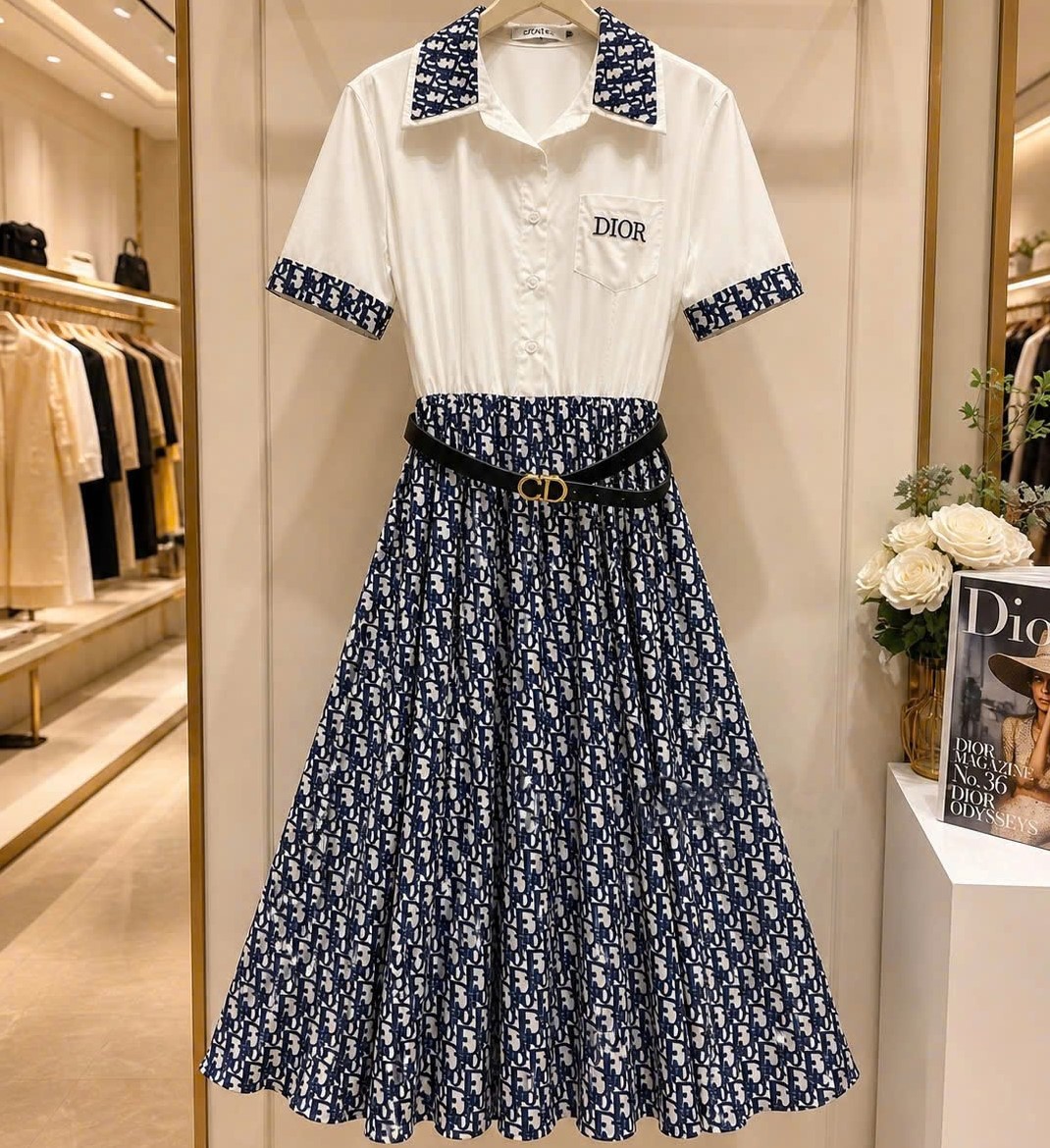 Áo đầm nữ dáng dài xòe trắng đen phối họa tiết hãng Dior 3