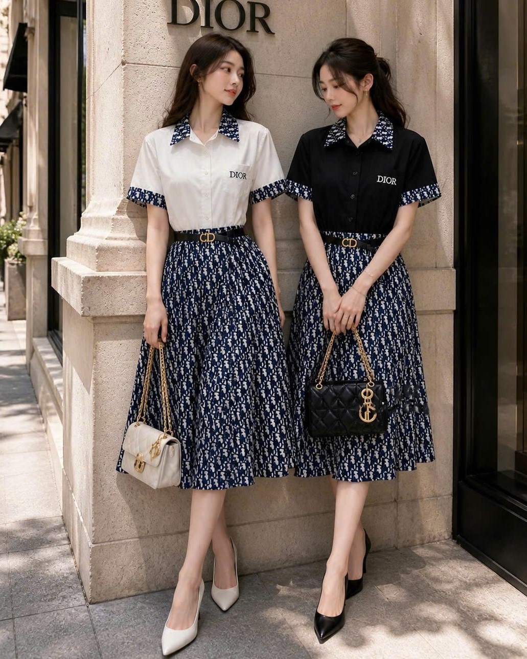Áo đầm nữ dáng dài xòe trắng đen phối họa tiết hãng Dior 7