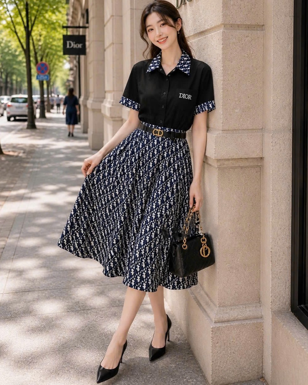 Áo đầm nữ dáng dài xòe trắng đen phối họa tiết hãng Dior 5