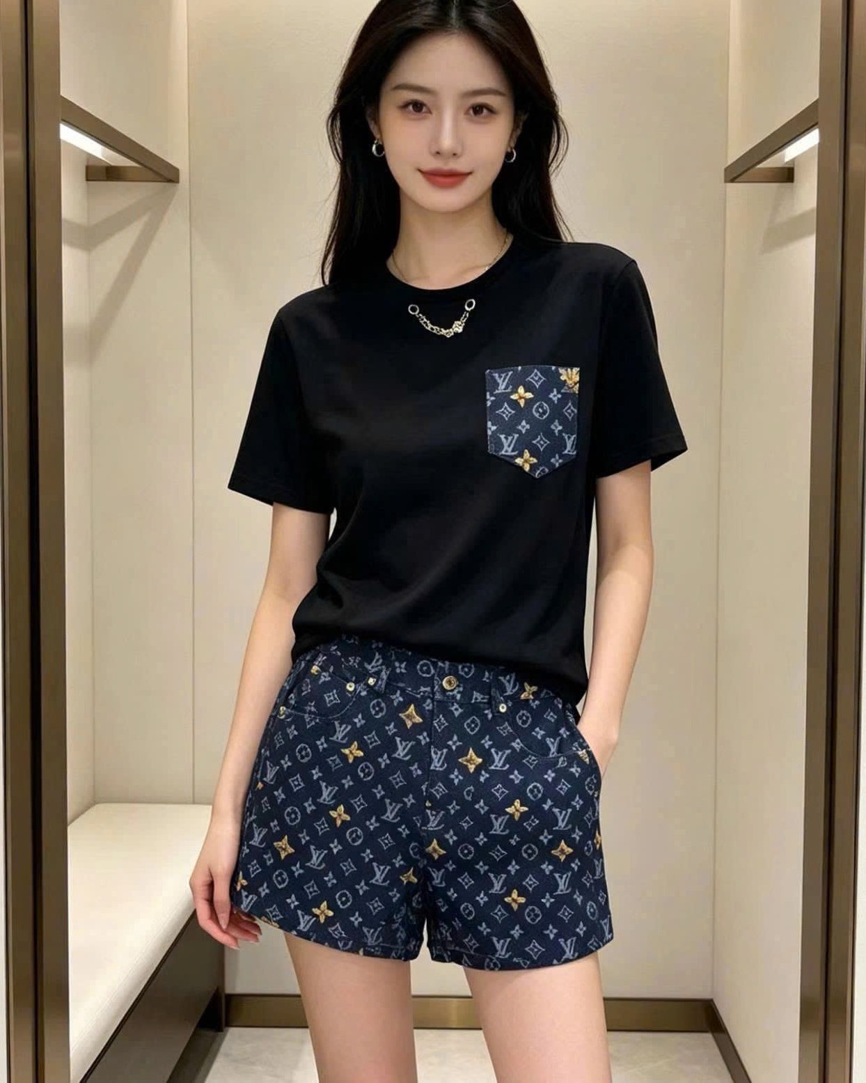 Combo áo thun đen phối túi quần short nữ LV 2