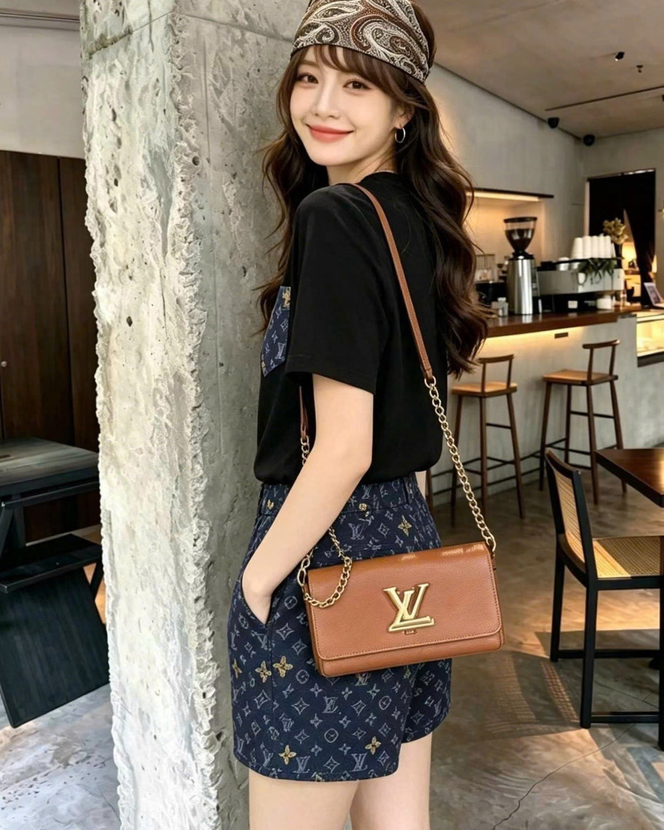 Combo áo thun đen phối túi quần short nữ LV 6