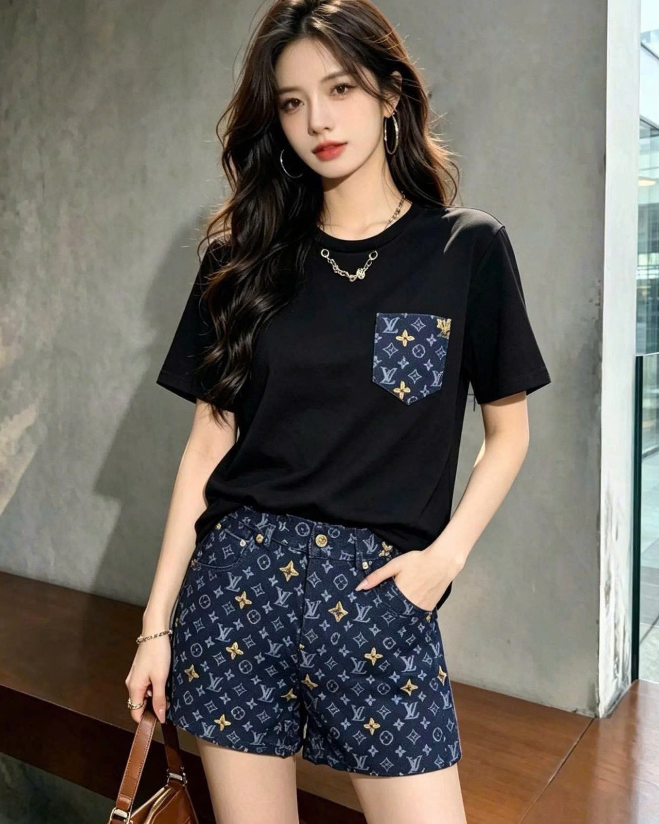 Combo áo thun đen phối túi quần short nữ LV 7
