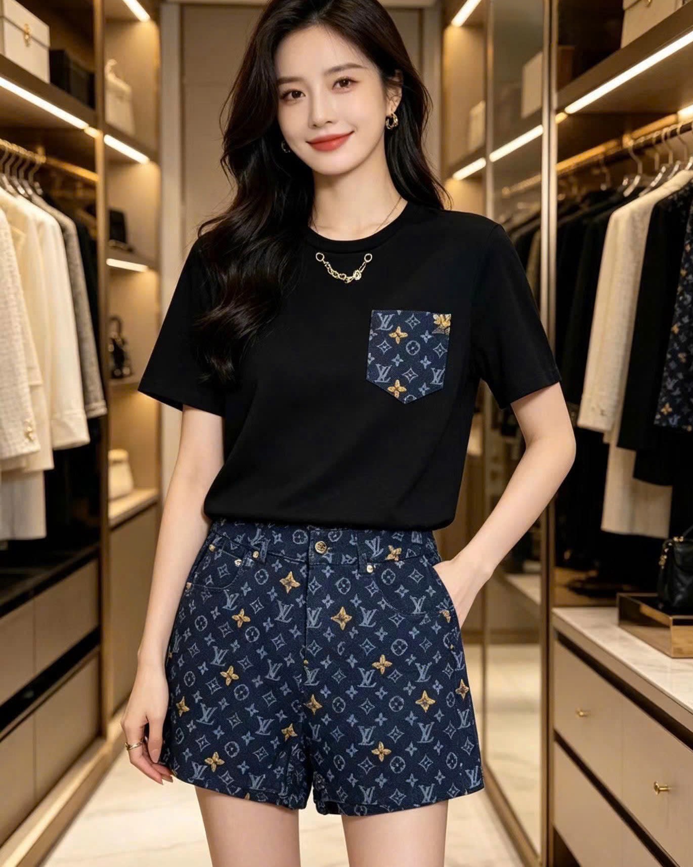 Combo áo thun đen phối túi quần short nữ LV 8