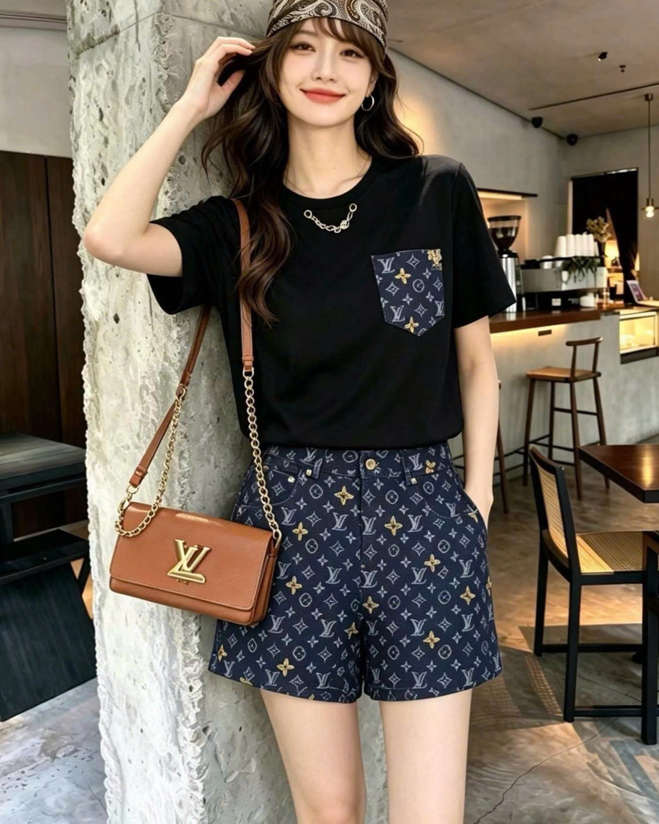 Combo áo thun đen phối túi quần short nữ LV 9