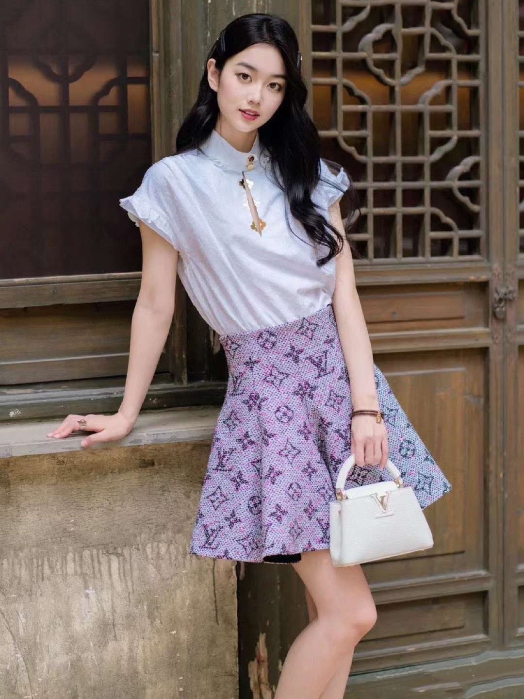 Váy xòe nữ LV Louis Vuitton Monogram Tweed Pleated Circle Skirt 1AFUUC 5