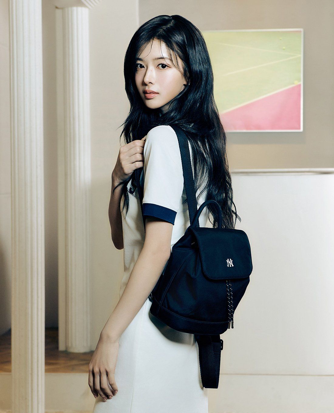 Áo đầm polo MLB Varsity Lettering Pique Dress NY New York Yankees Ivory 3FOPV0143-50IVS 2