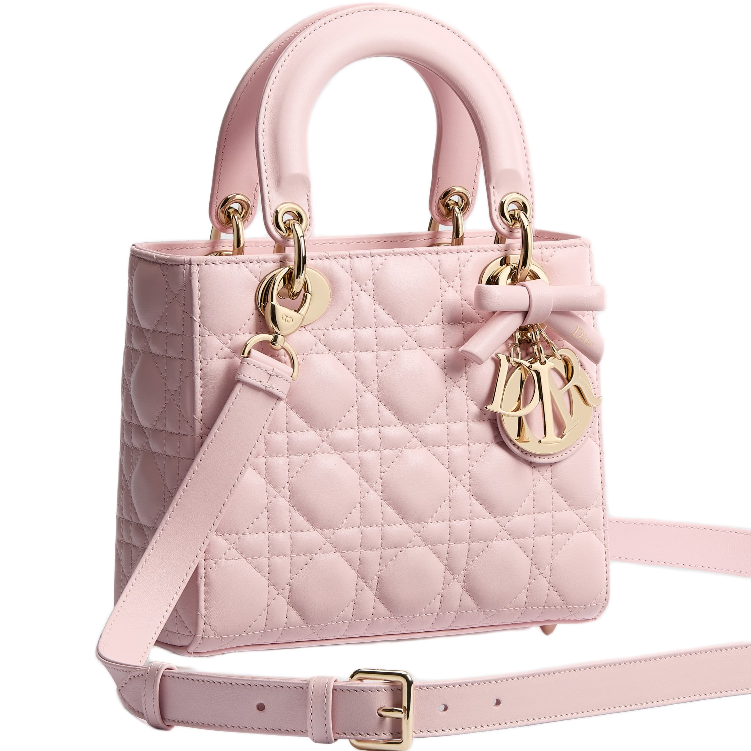 Túi xách hồng Small Lady Dior Bag with Strap Rose Soupir Cannage Lambskin 1
