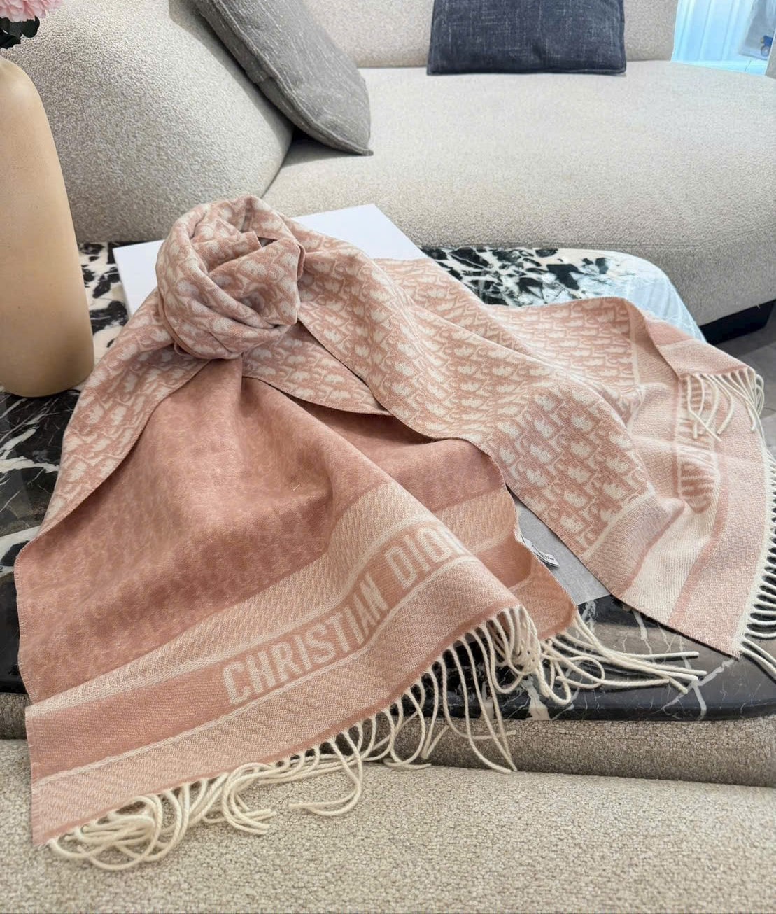 Khăn choàng nữ Dior Oblique Scarf Ecru and Rose des Vents Cashmer 12