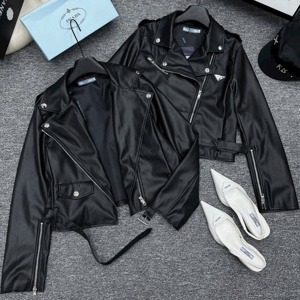 Áo khoác nữ da đen tay dài Prada 5