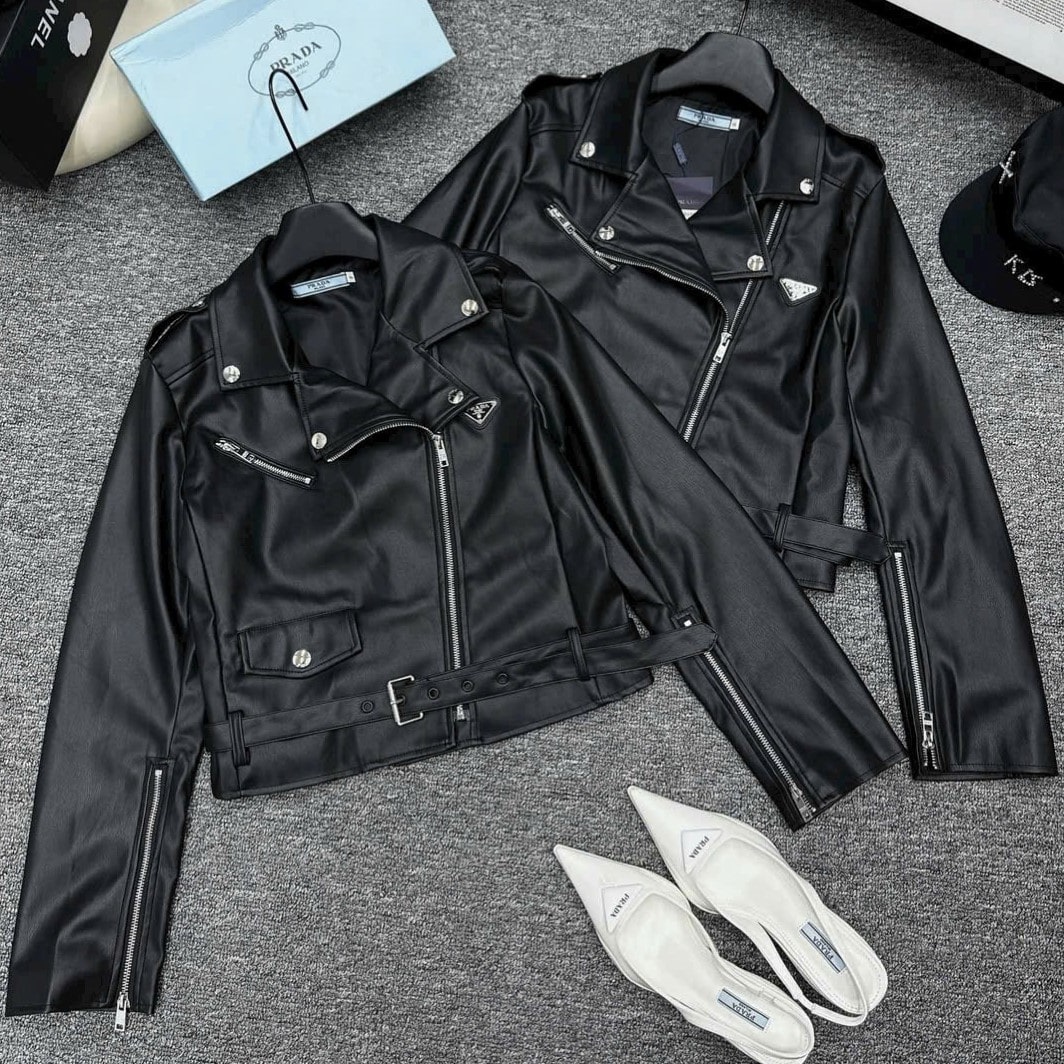 Áo khoác nữ da đen tay dài Prada 1