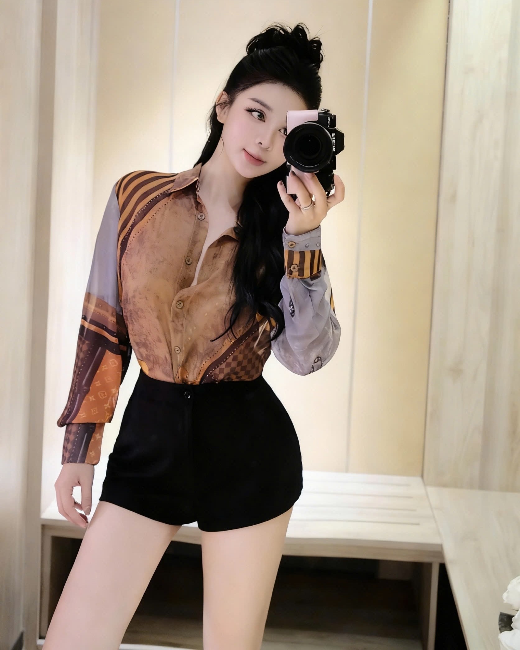 Áo sơ mi lụa nữ tay dài màu nâu LV 1