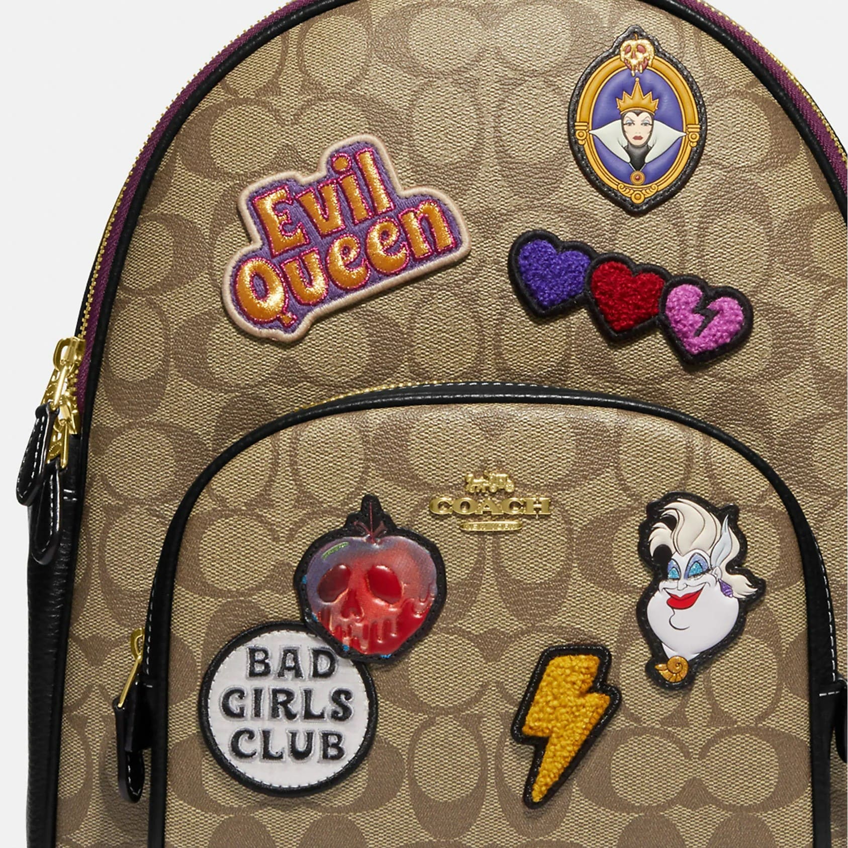 Balo nâu Coach Disney X Coach Court Backpack In Signature Canvas With Evil  Queen Bad Girls Club Patches
