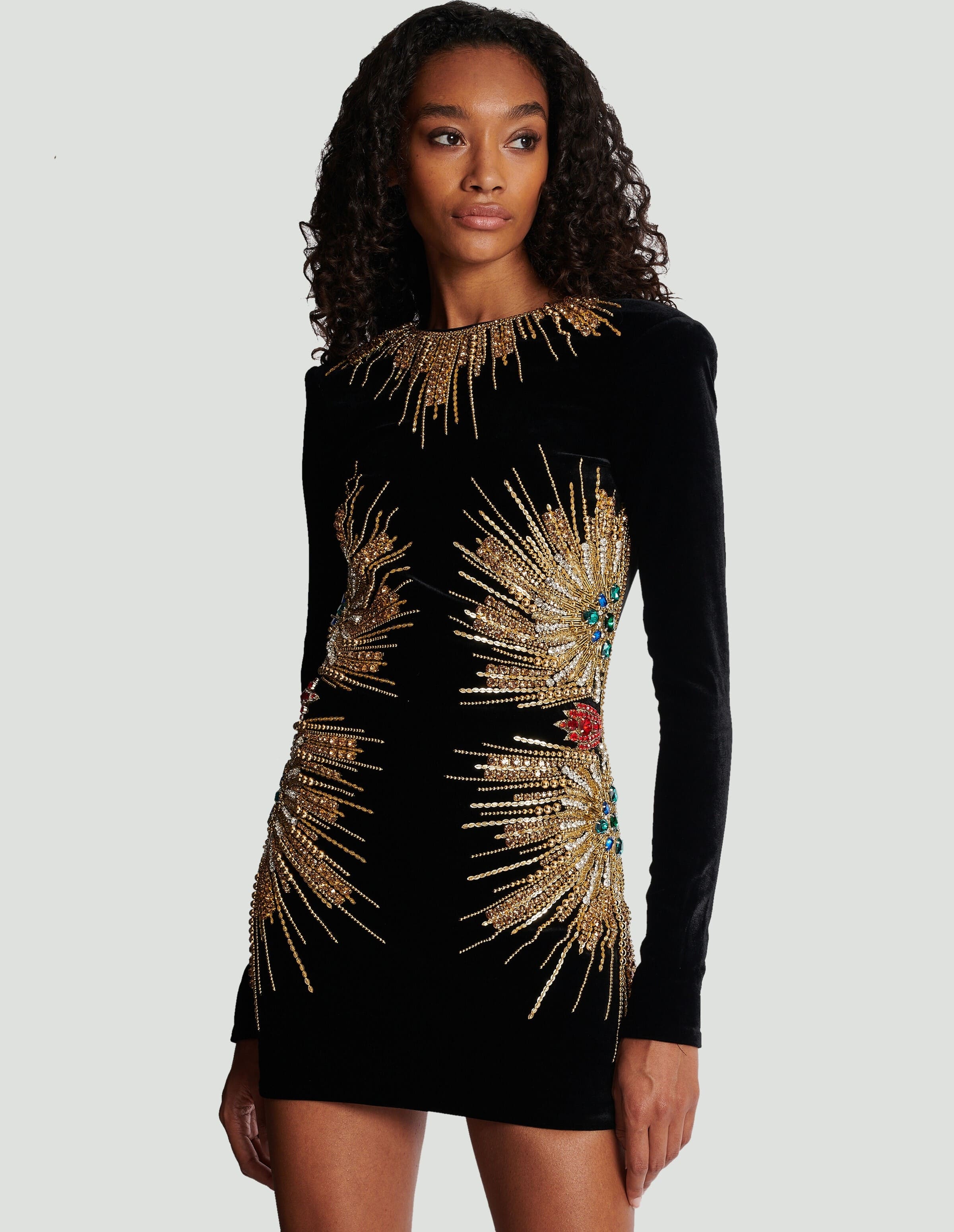 Áo đầm nhung đen Balmain Dress With Pearl And Sequin Embroidery 8