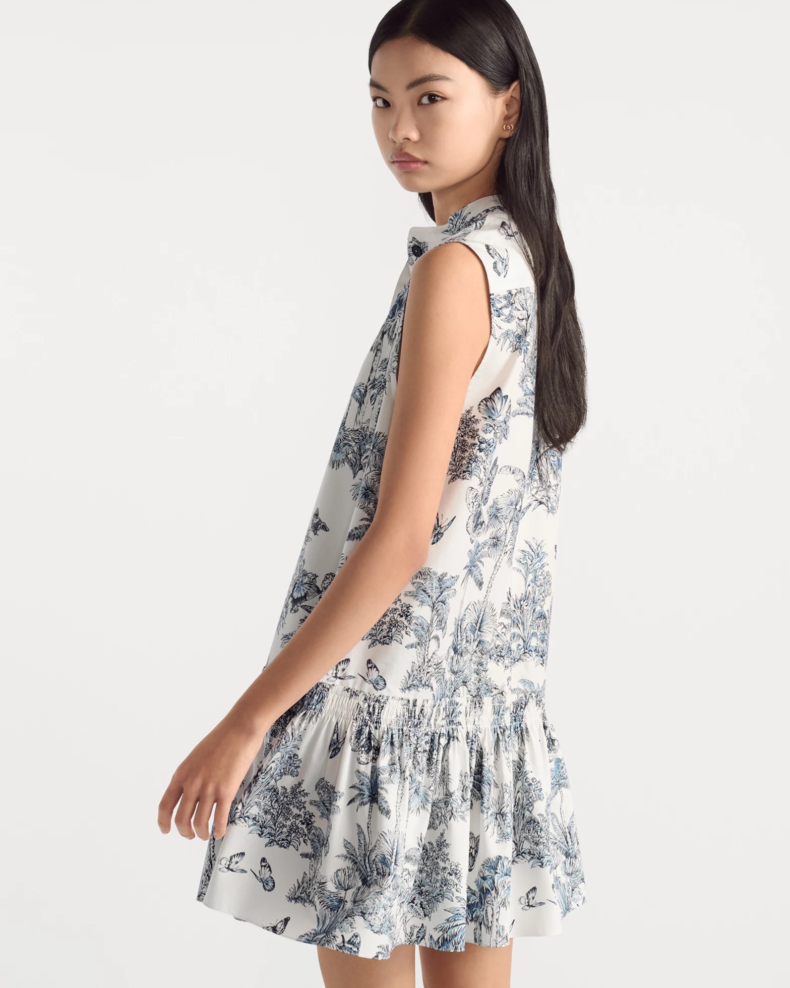 Đầm suông Dior Straight Dress With Ruffles Dioriviera White and blue Toile de Jouy Palms Cotton and Silk Poplin 6