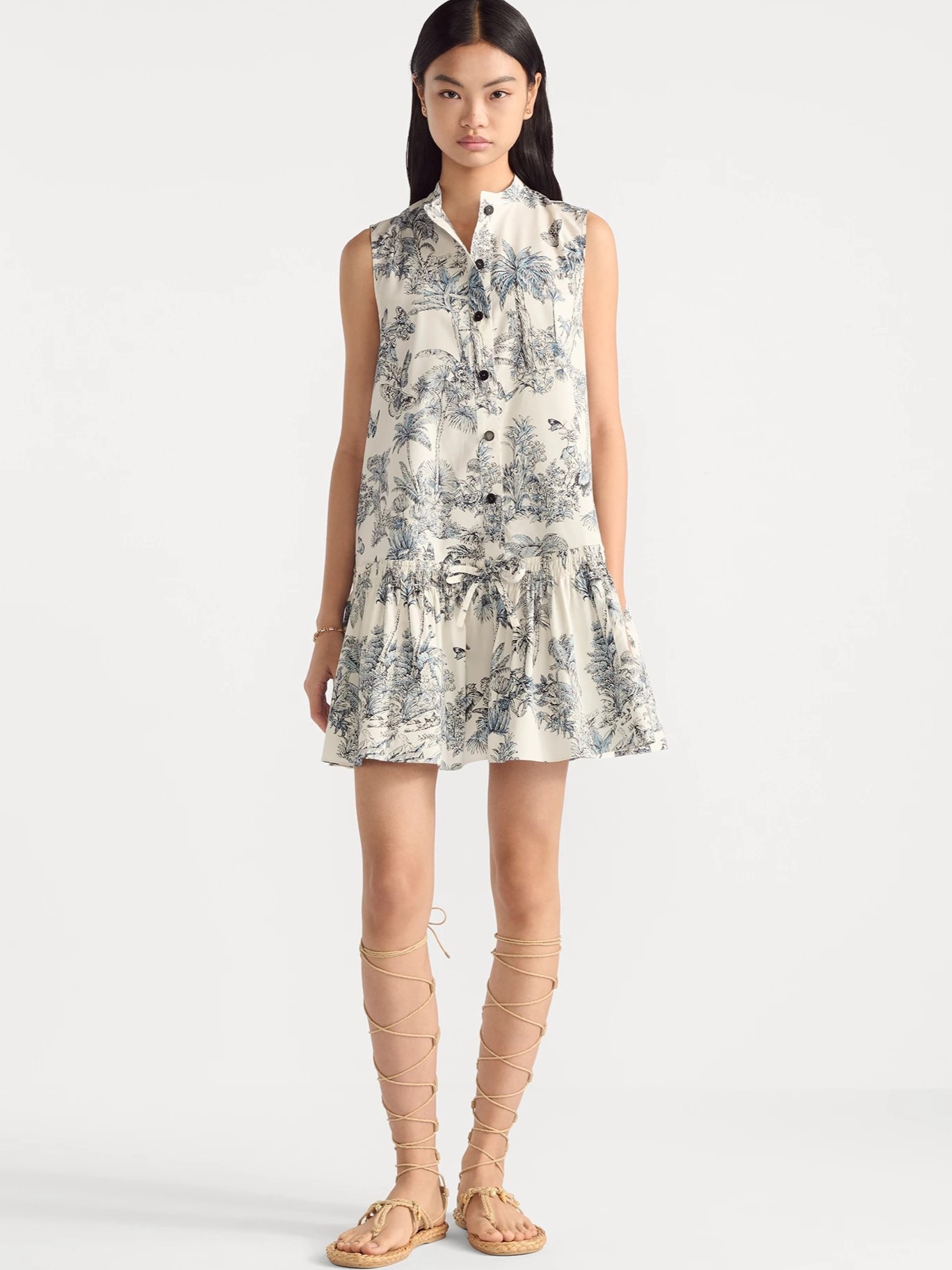 Đầm suông Dior Straight Dress With Ruffles Dioriviera White and blue Toile de Jouy Palms Cotton and Silk Poplin 4